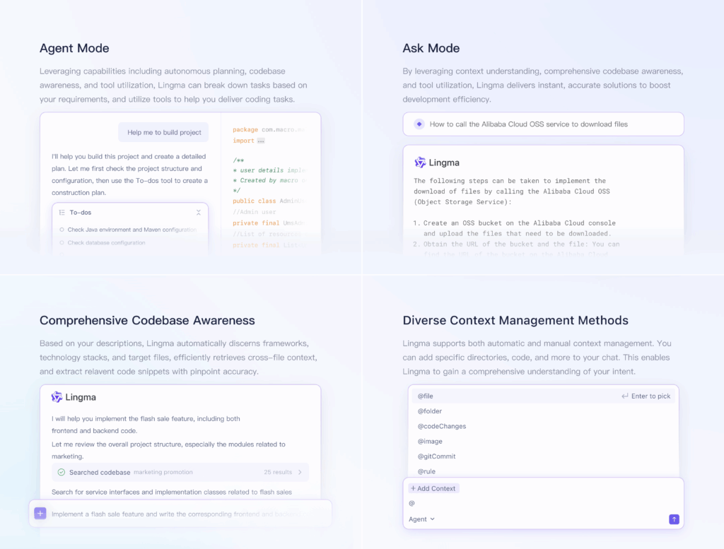 Tongyi Lingma feature panels: Agent Mode, Ask Mode, codebase awareness and context management, now part of Alibaba Qoder.