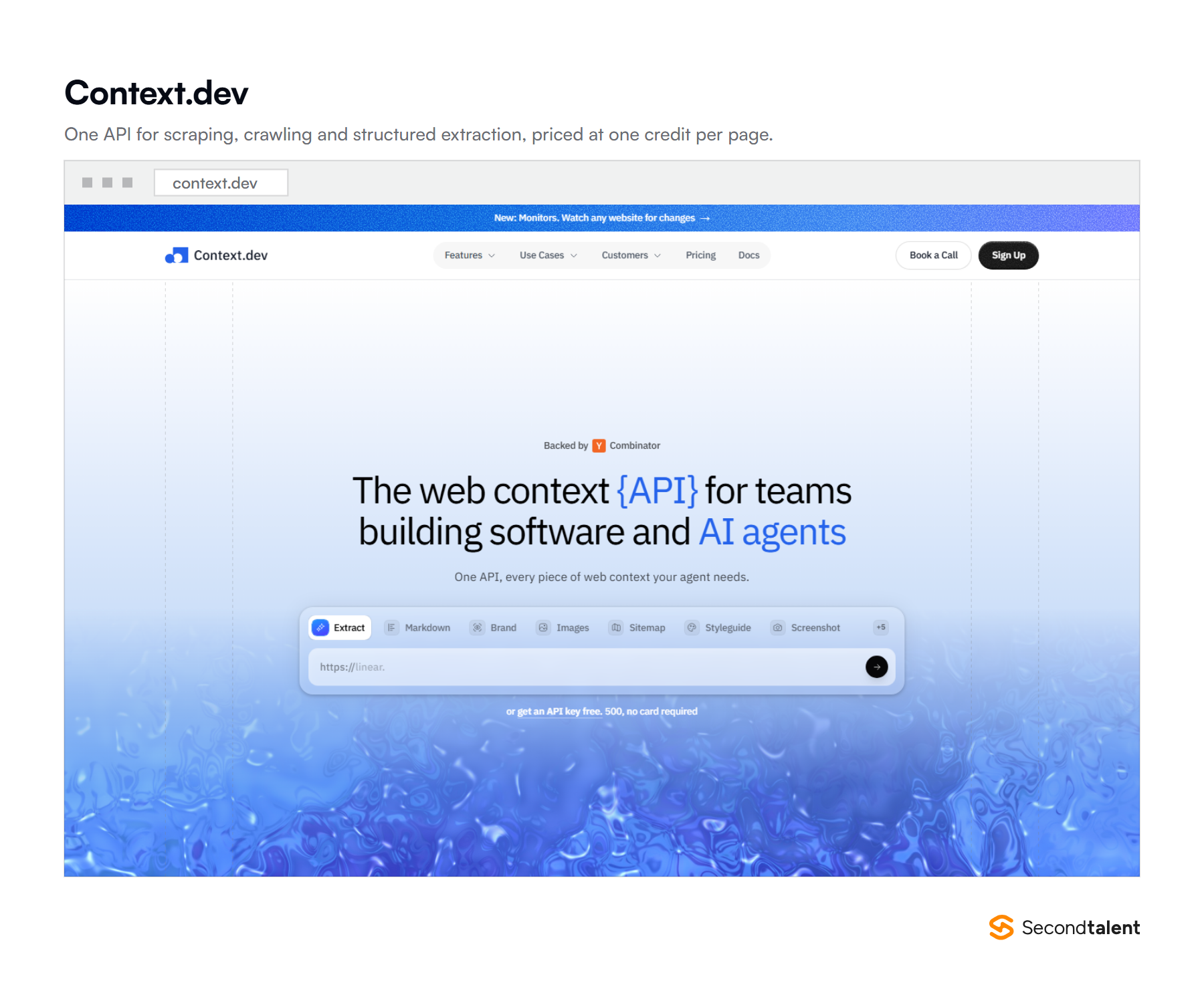 The Context.dev homepage, a single API for scraping, crawling and structured extraction priced at one credit per page.