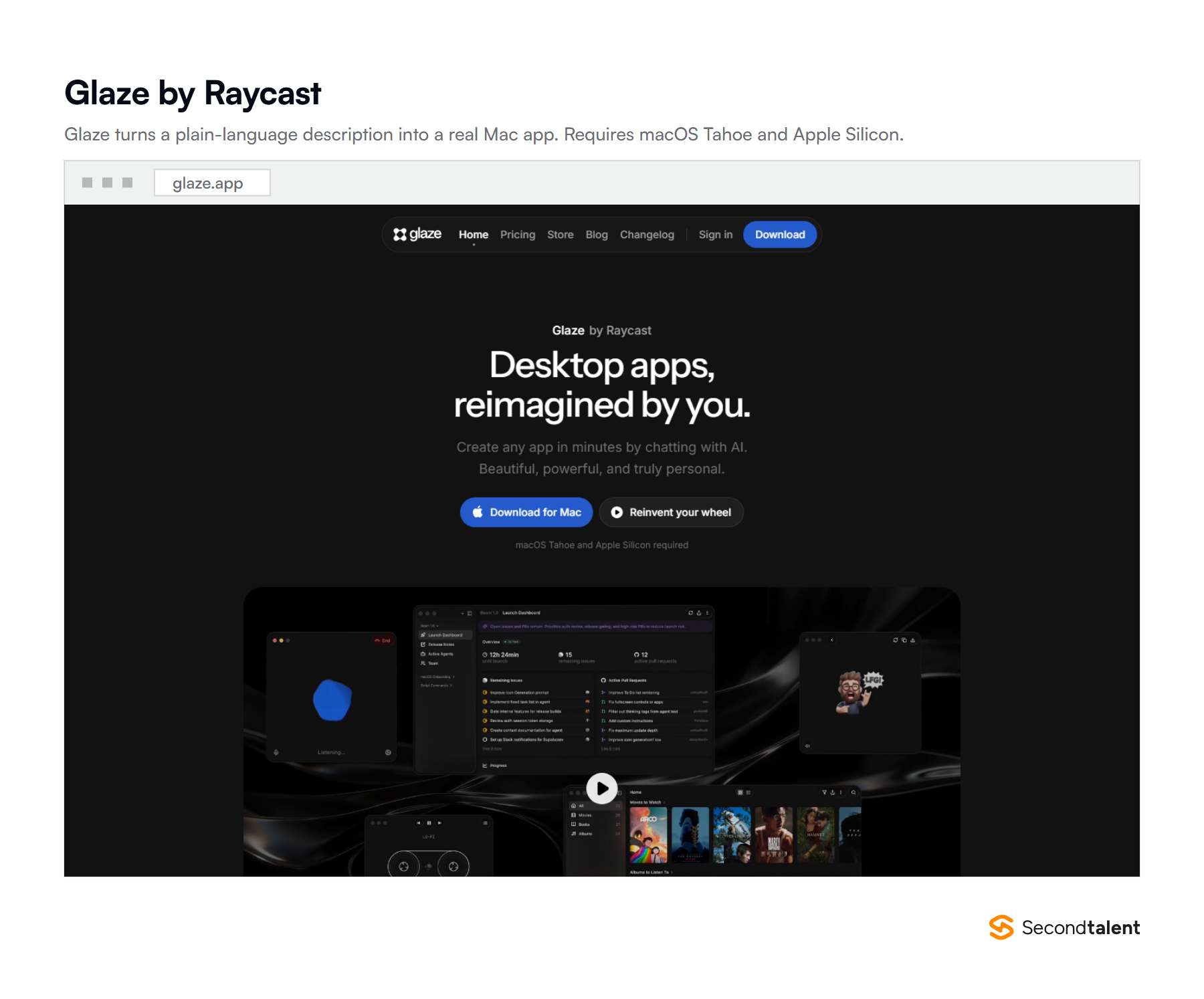 The Glaze homepage at glaze.app, Raycast's tool for building real Mac apps by chatting with AI, requiring macOS Tahoe and Apple Silicon.