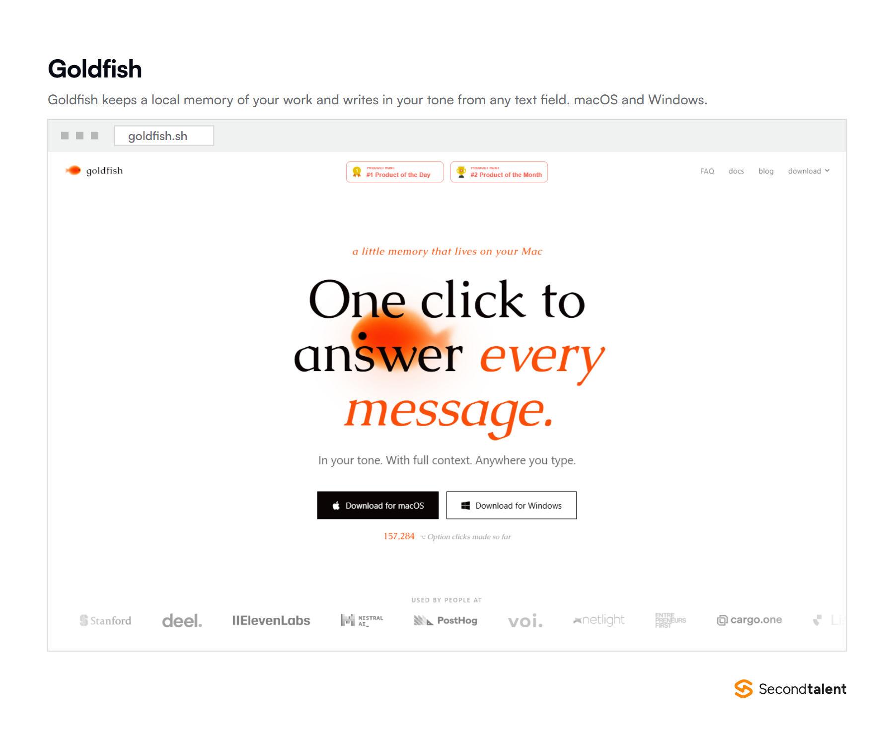 The Goldfish homepage at goldfish.sh, showing a local Mac memory that drafts replies in your own tone from any text field, with macOS and Windows downloads.