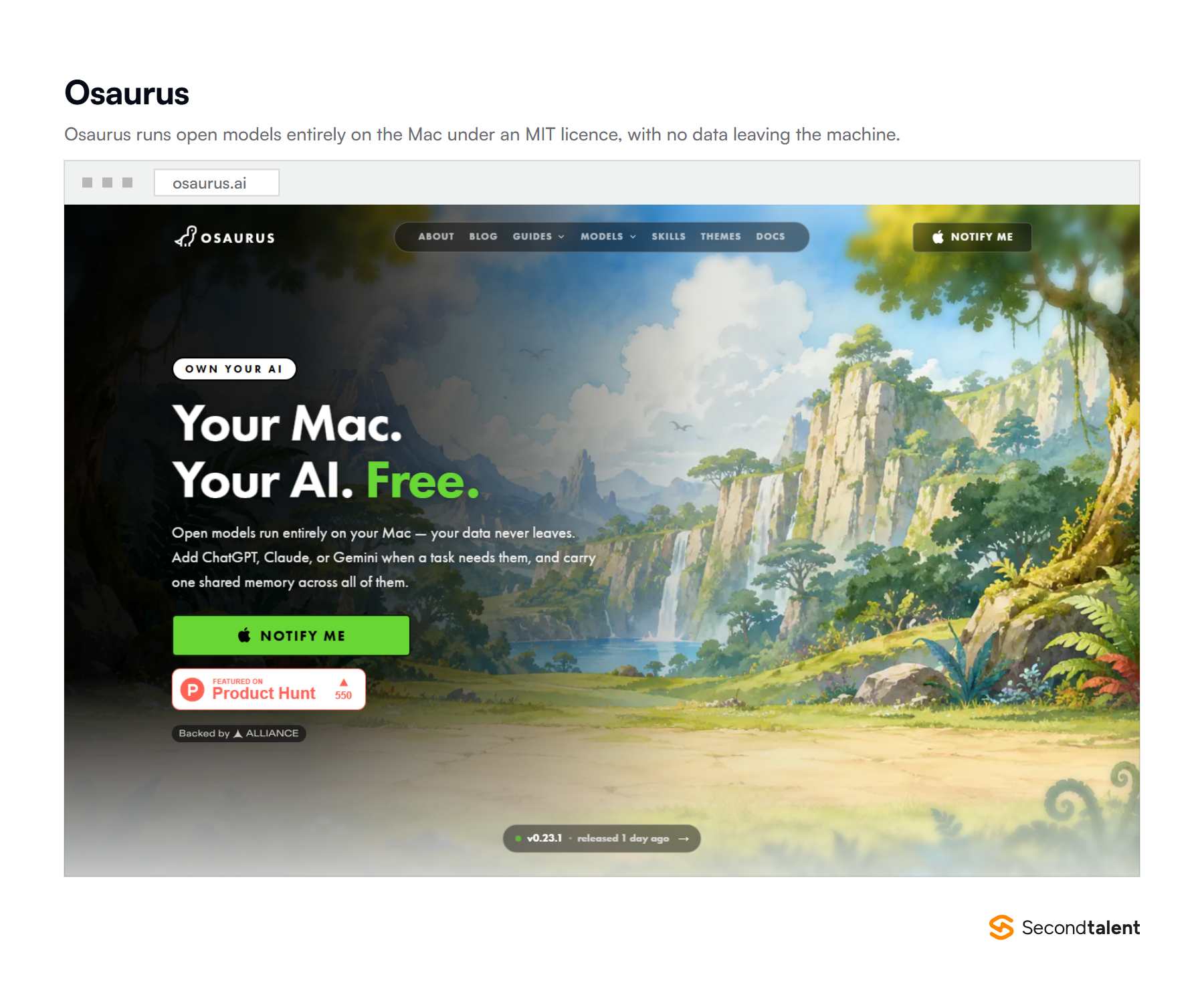 The Osaurus homepage at osaurus.ai, an MIT licensed tool that runs open AI models entirely on a Mac so data never leaves the machine.