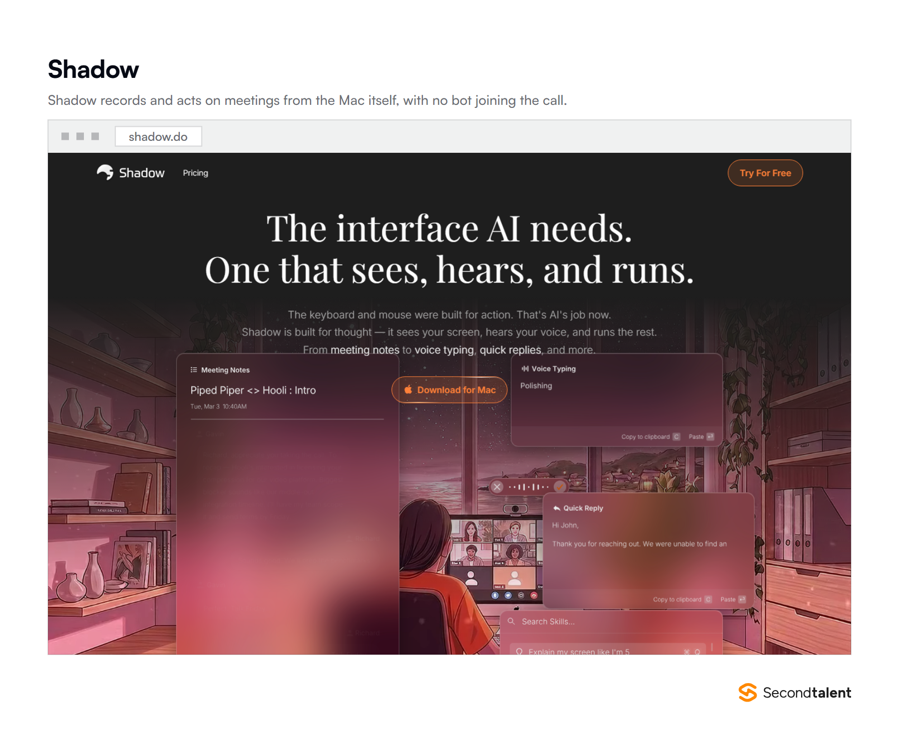 The Shadow homepage at shadow.do, a Mac AI interface that records and acts on meetings without a bot joining the call.