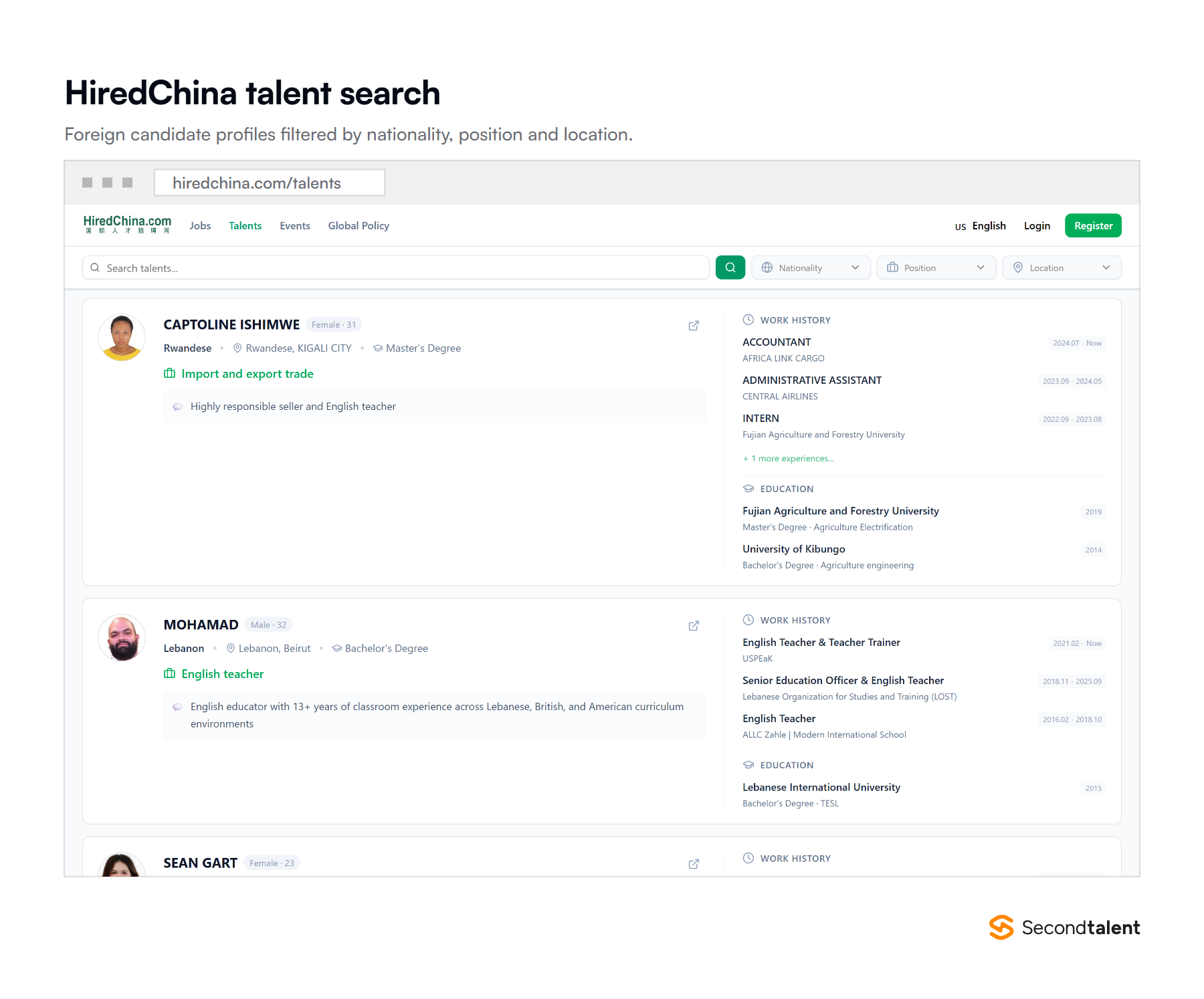 The HiredChina talent search, showing foreign candidate profiles filtered by nationality, position and location.