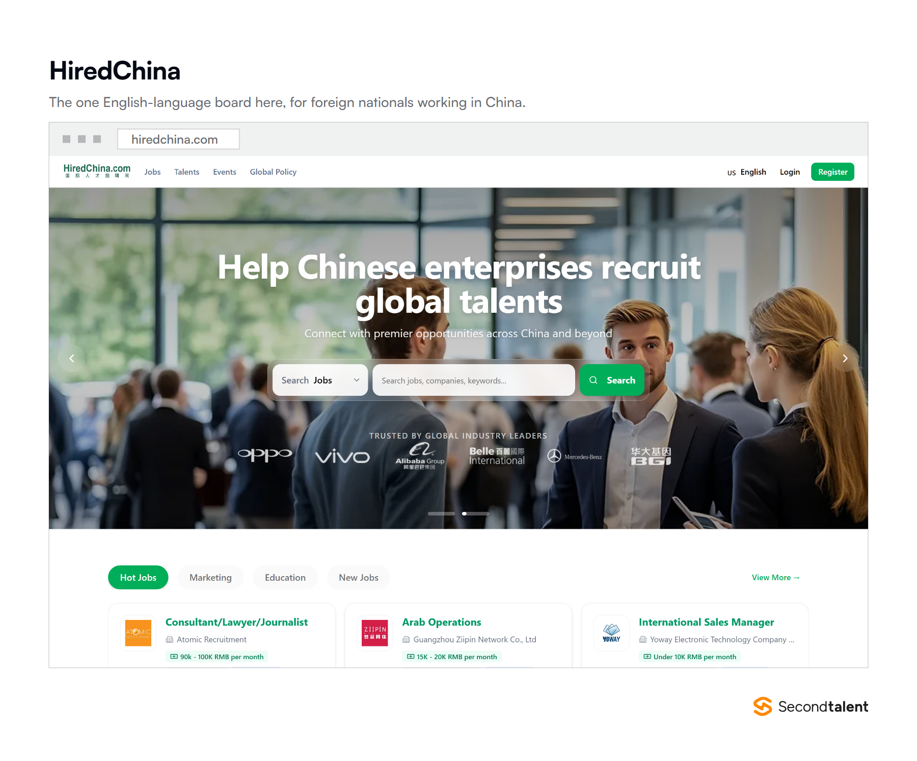 The HiredChina homepage, an English-language job board for foreign nationals working in China.