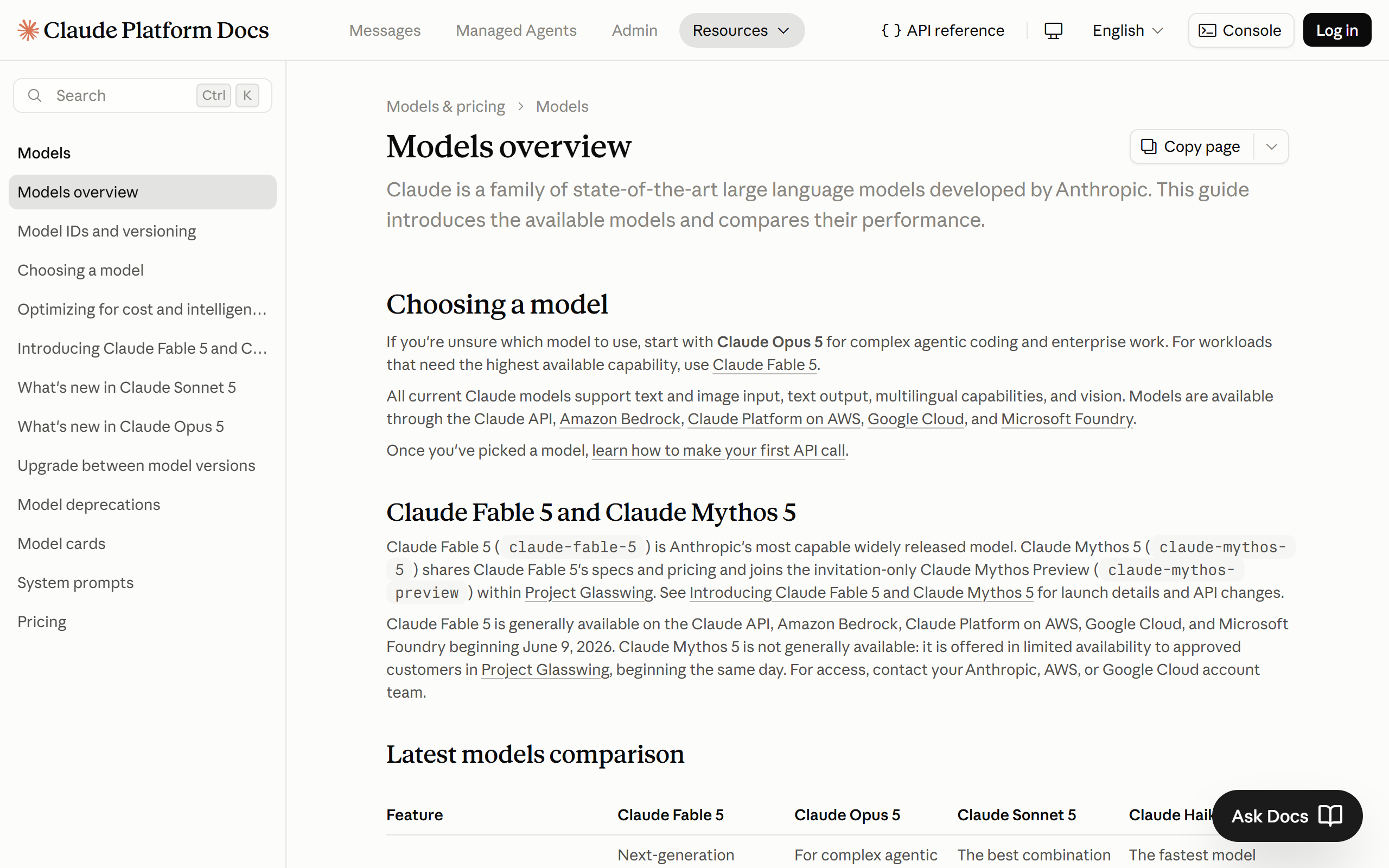 Anthropic models overview documentation page recommending Claude Opus 5