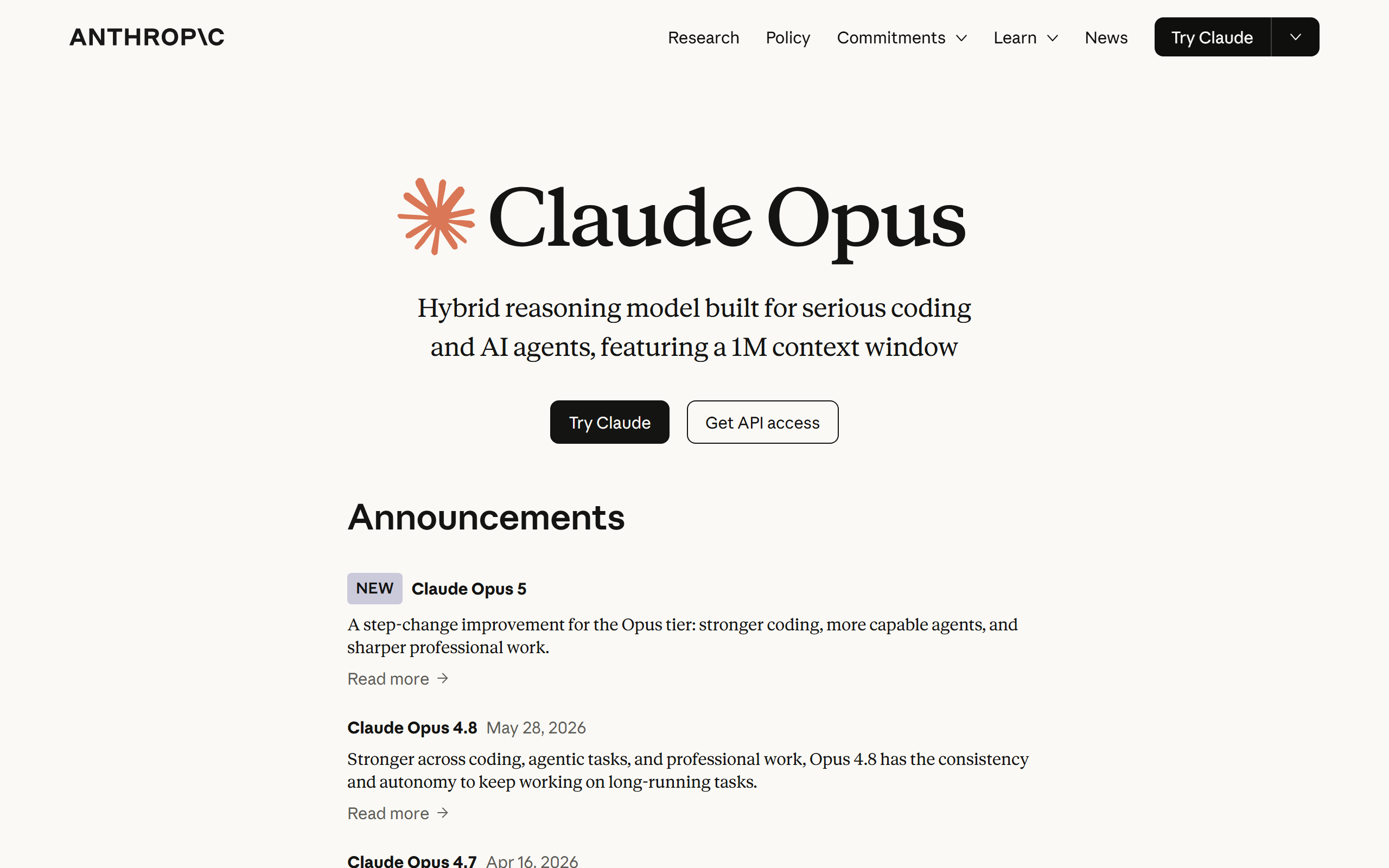 Anthropic Claude Opus product page announcing Claude Opus 5