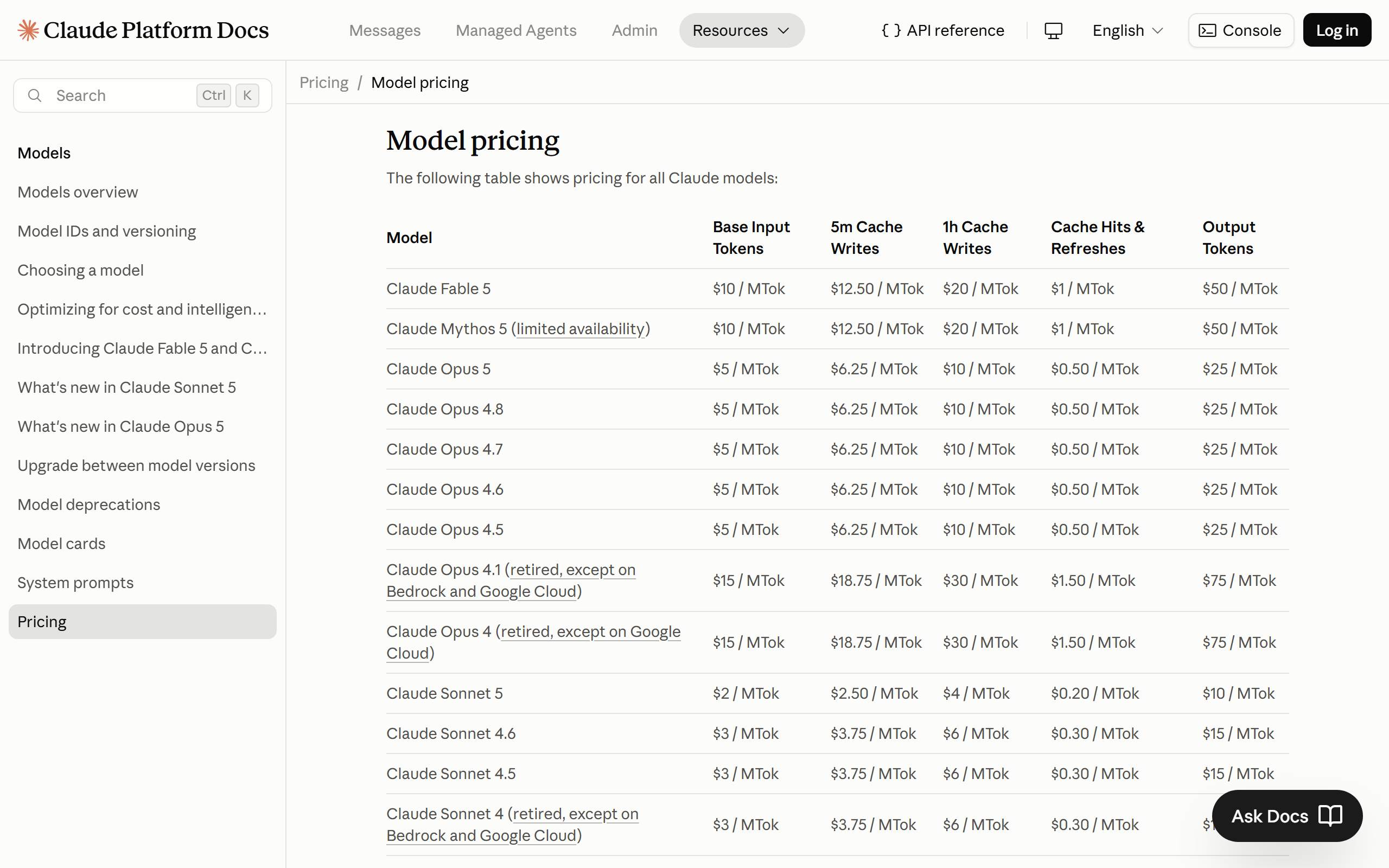 Anthropic model pricing table showing Claude Sonnet 5 at $2 and $10 per million tokens