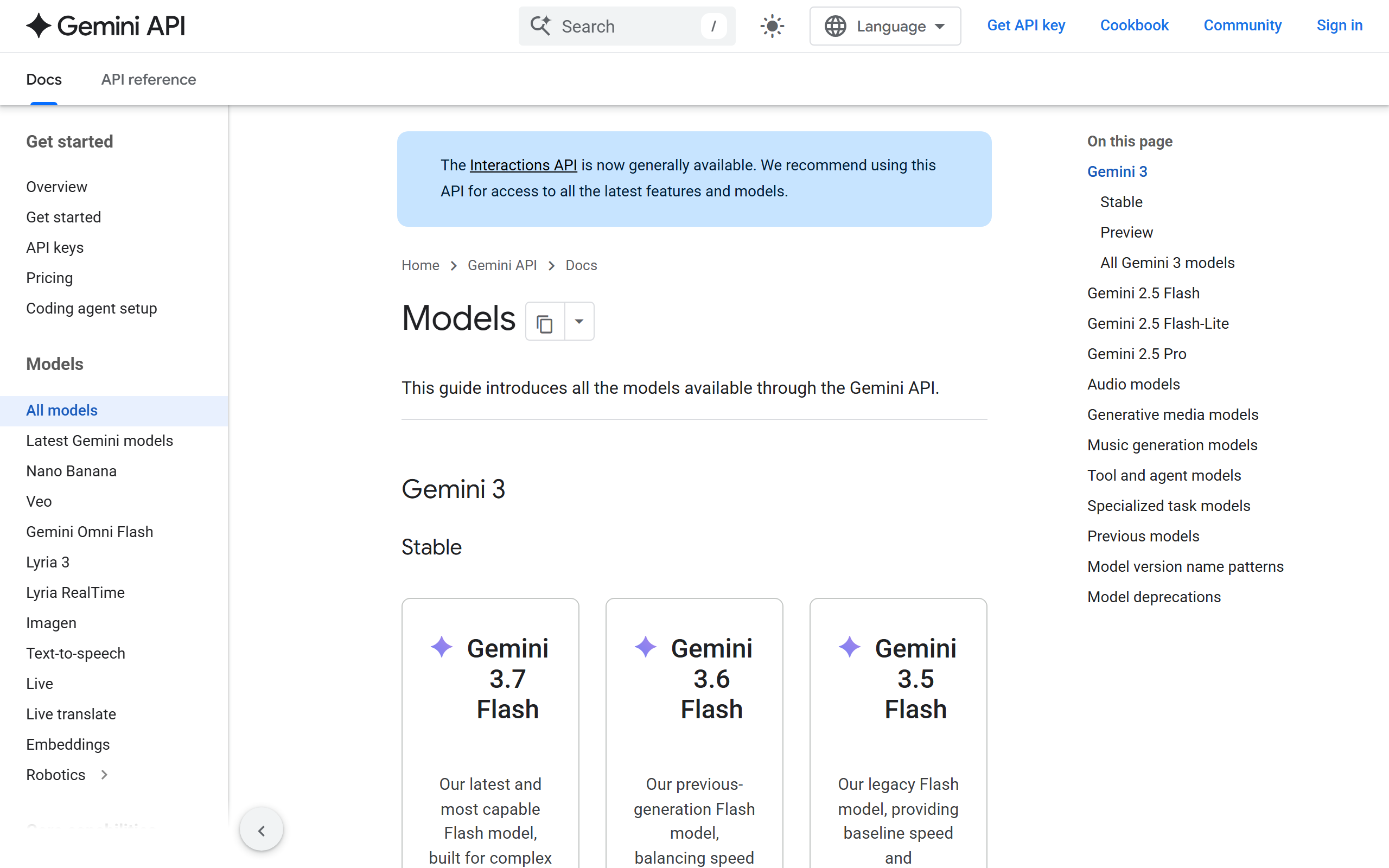 Google Gemini API models documentation page listing Gemini 3.7, 3.6 and 3.5 Flash