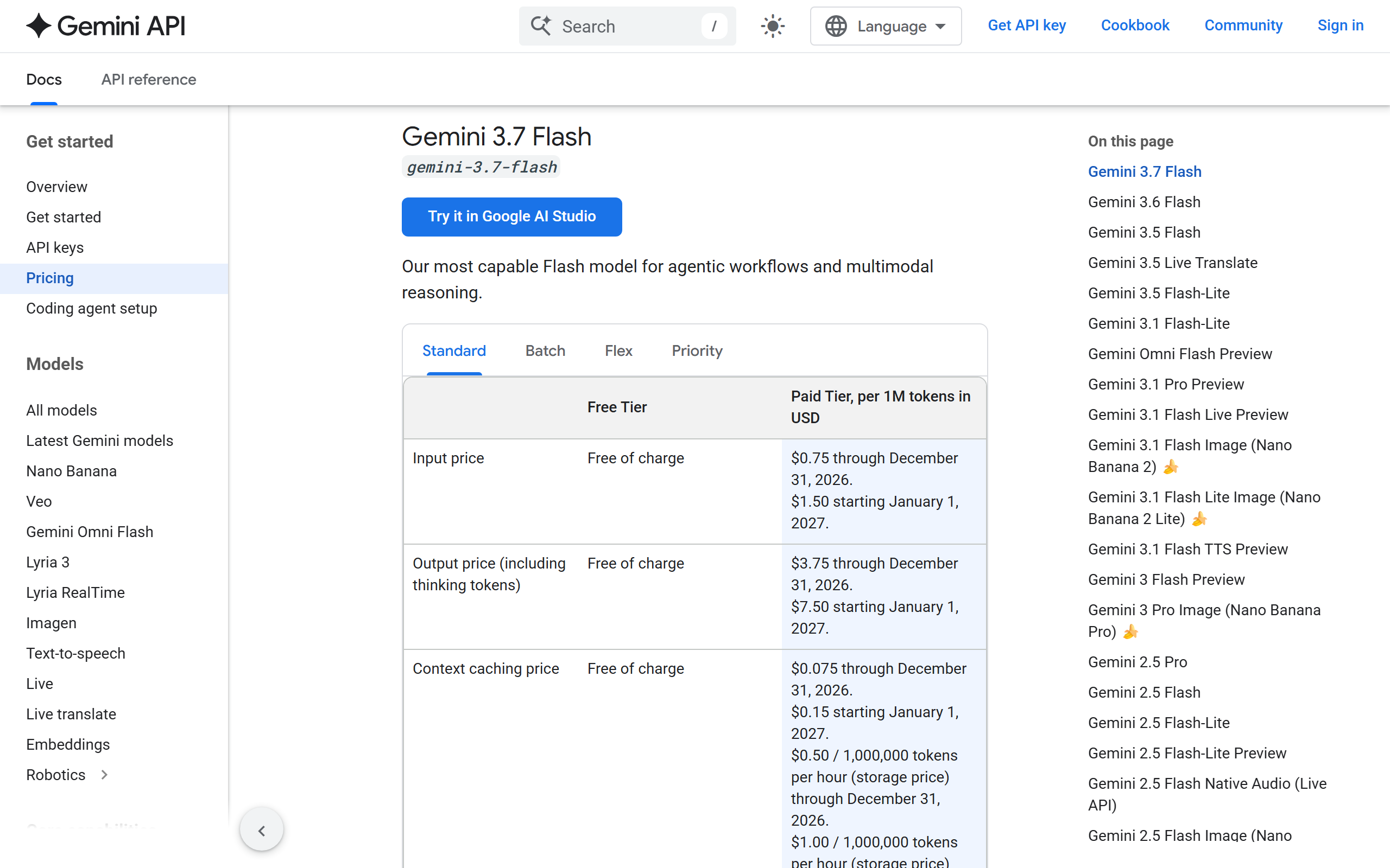 Google Gemini API pricing page showing Gemini 3.7 Flash at $0.75 and $3.75 through December 31, 2026