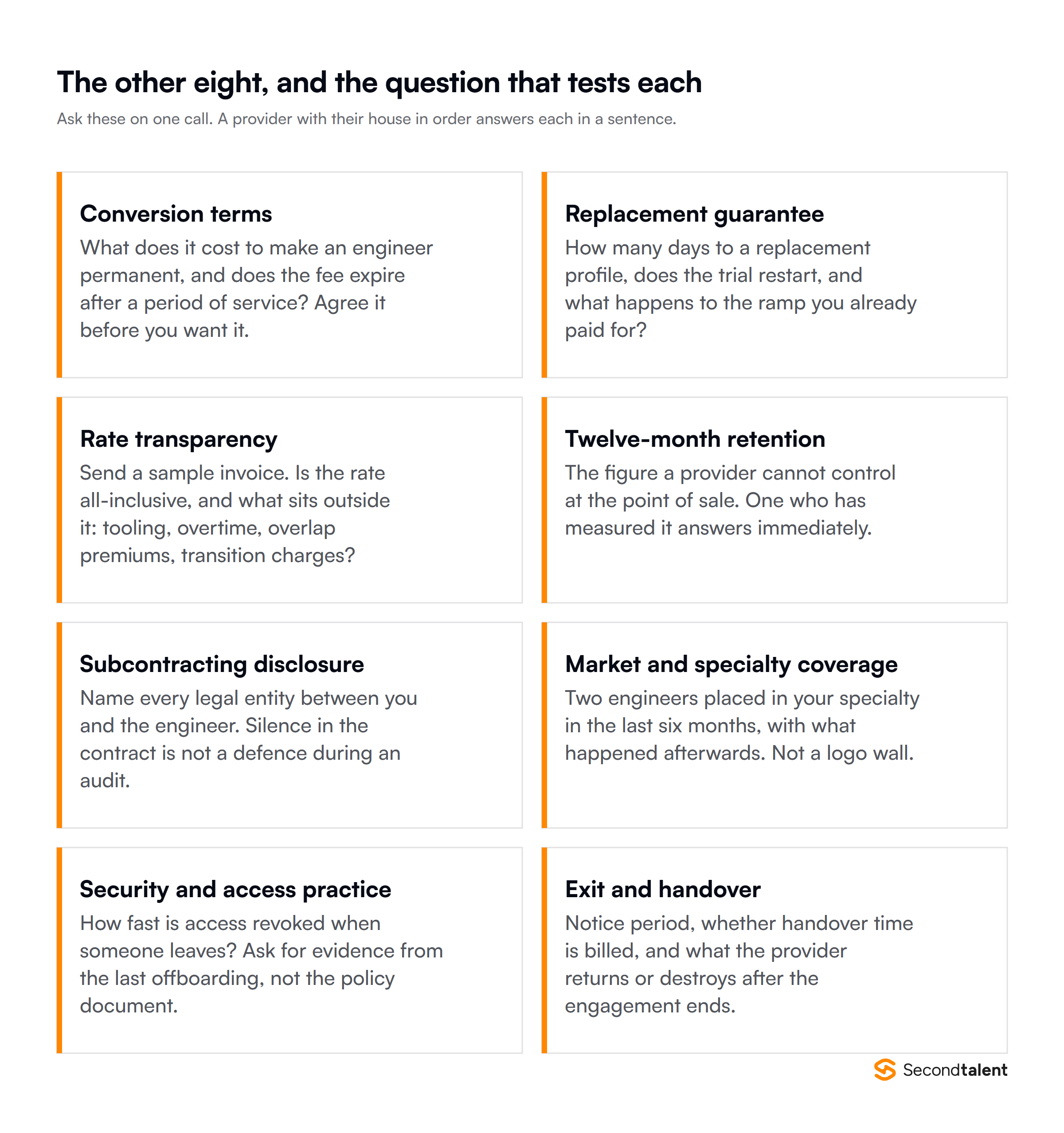 The other eight provider evaluation criteria and the question that tests each, from conversion terms to exit and handover