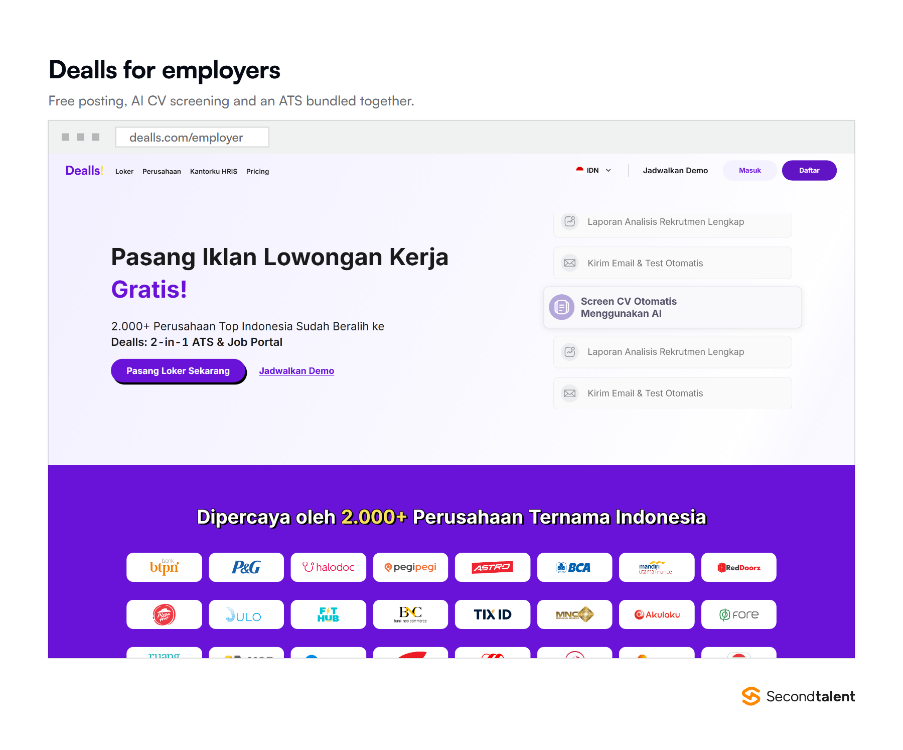 The Dealls employer page, offering free job posting with a bundled applicant tracking system.