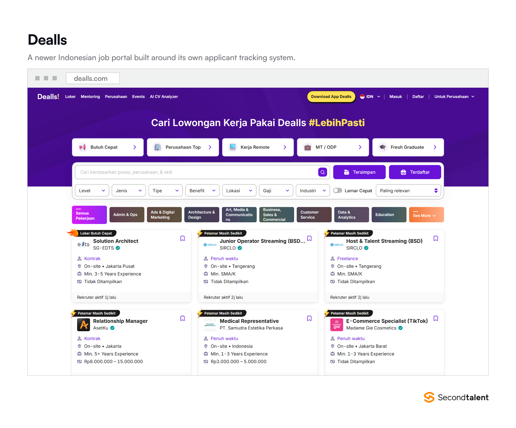 The Dealls homepage, an Indonesian job portal and applicant tracking system.