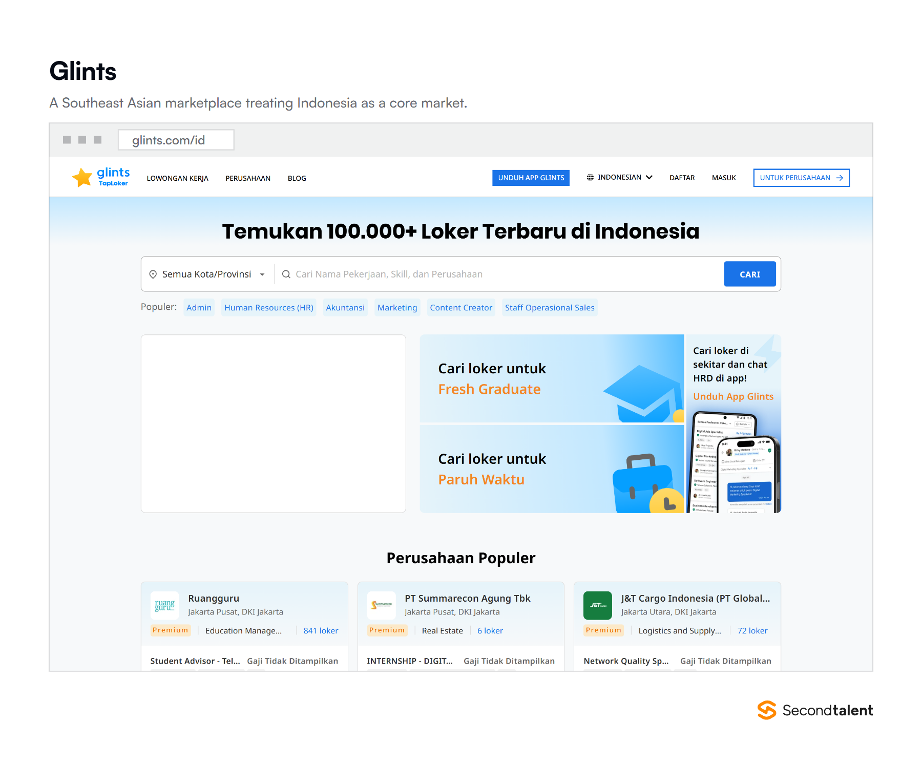 The Glints Indonesia homepage, a Southeast Asian job marketplace.