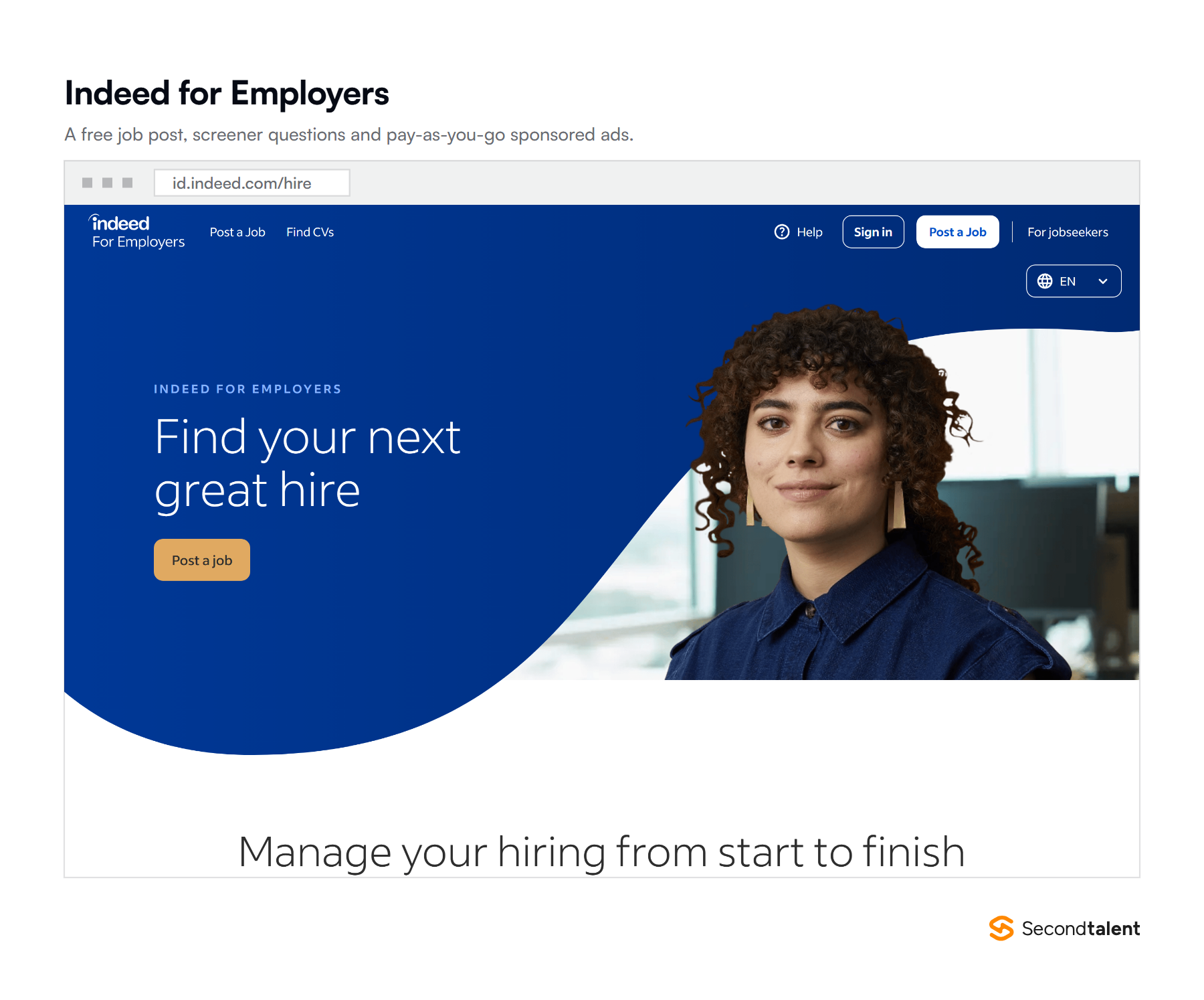 The Indeed for Employers page in Indonesia, showing the free job post flow and dashboard features.