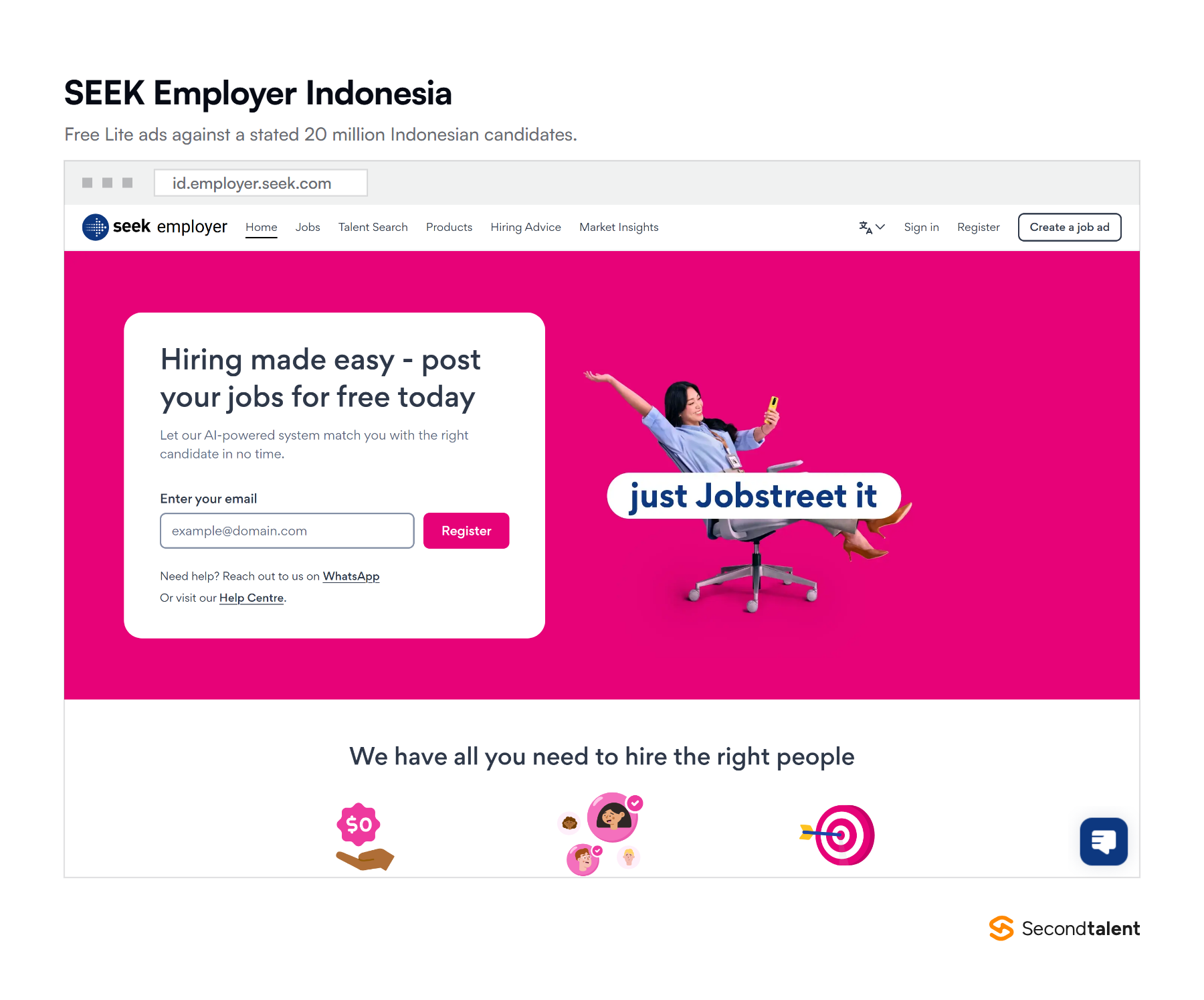 The SEEK Employer Indonesia portal, offering free job ads against a stated 20 million candidates.