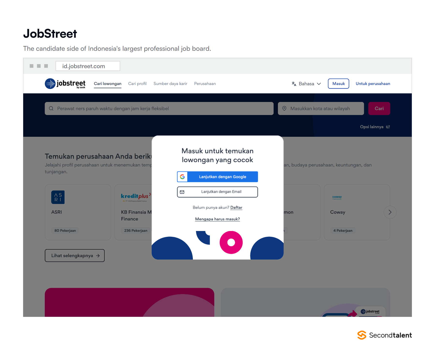 The JobStreet Indonesia homepage, the country's largest professional job board.