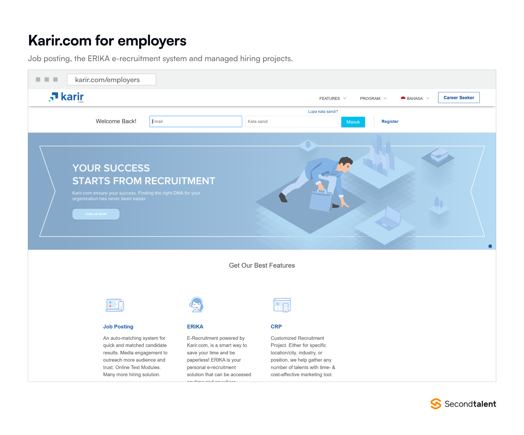 The Karir.com employer page, showing job posting, the ERIKA e-recruitment system and customized recruitment projects.