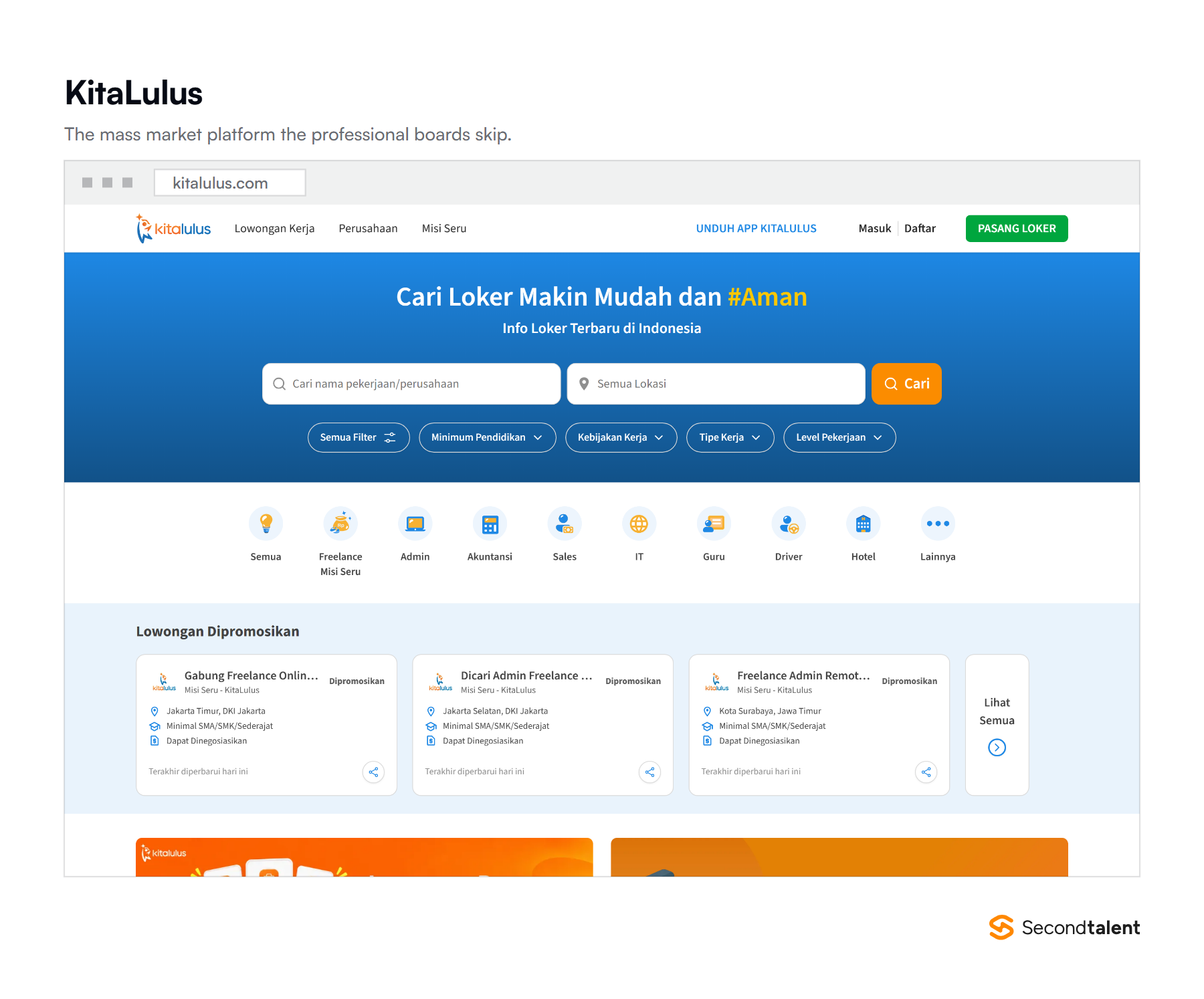 The KitaLulus homepage, an Indonesian jobs platform serving the mass market.