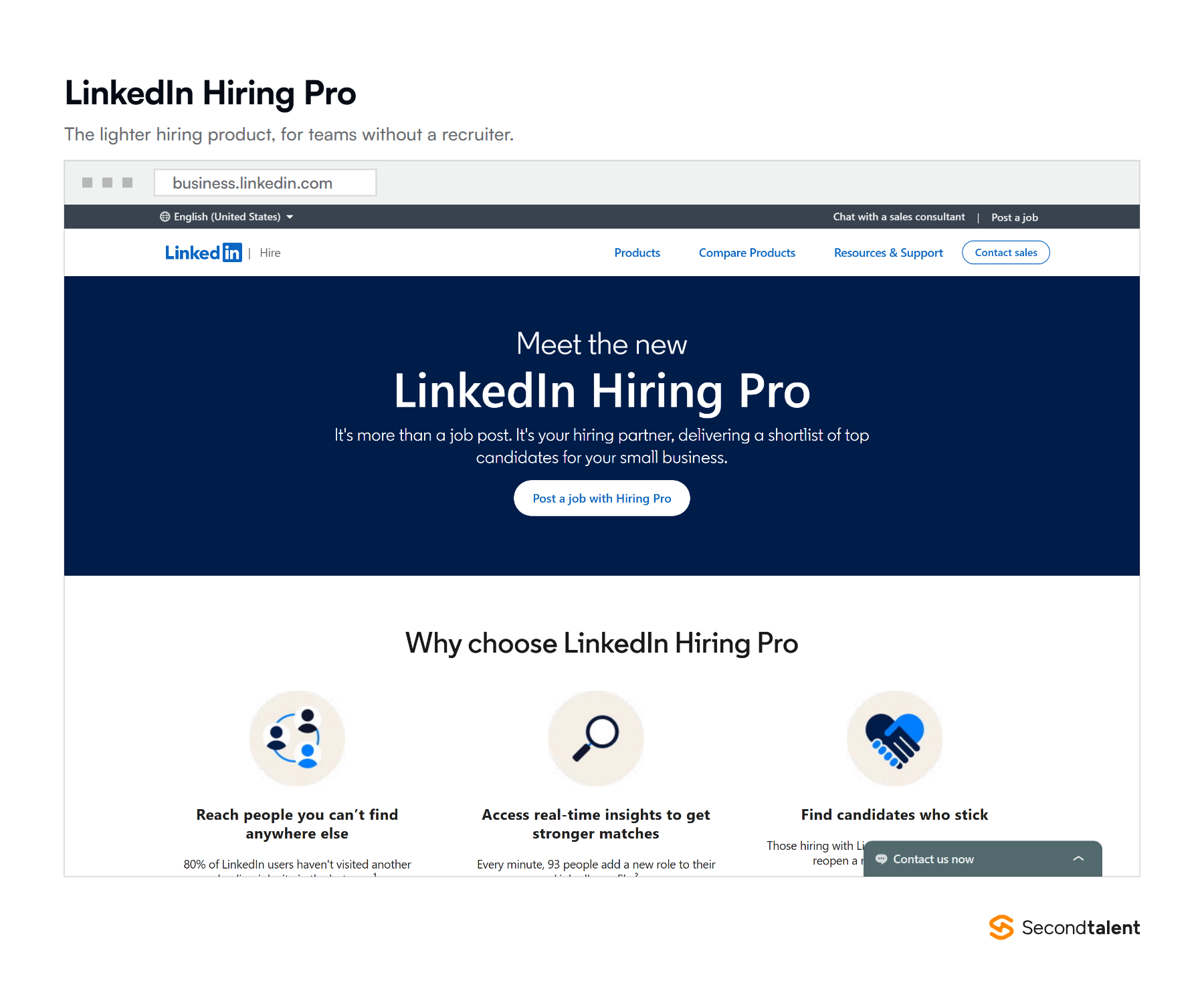 The LinkedIn Hiring Pro product page, the lighter hiring tool for small teams.
