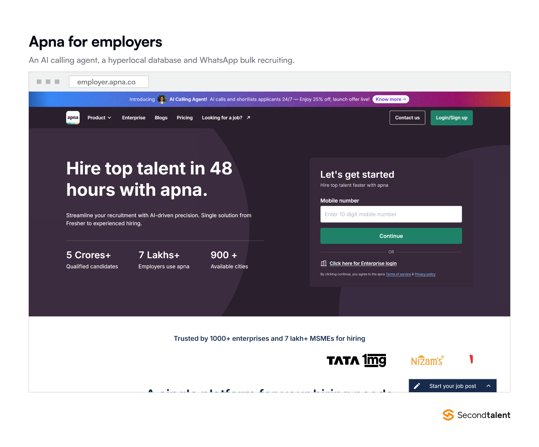 The Apna employer page, showing the AI calling agent, smart jobs and hyperlocal database products.