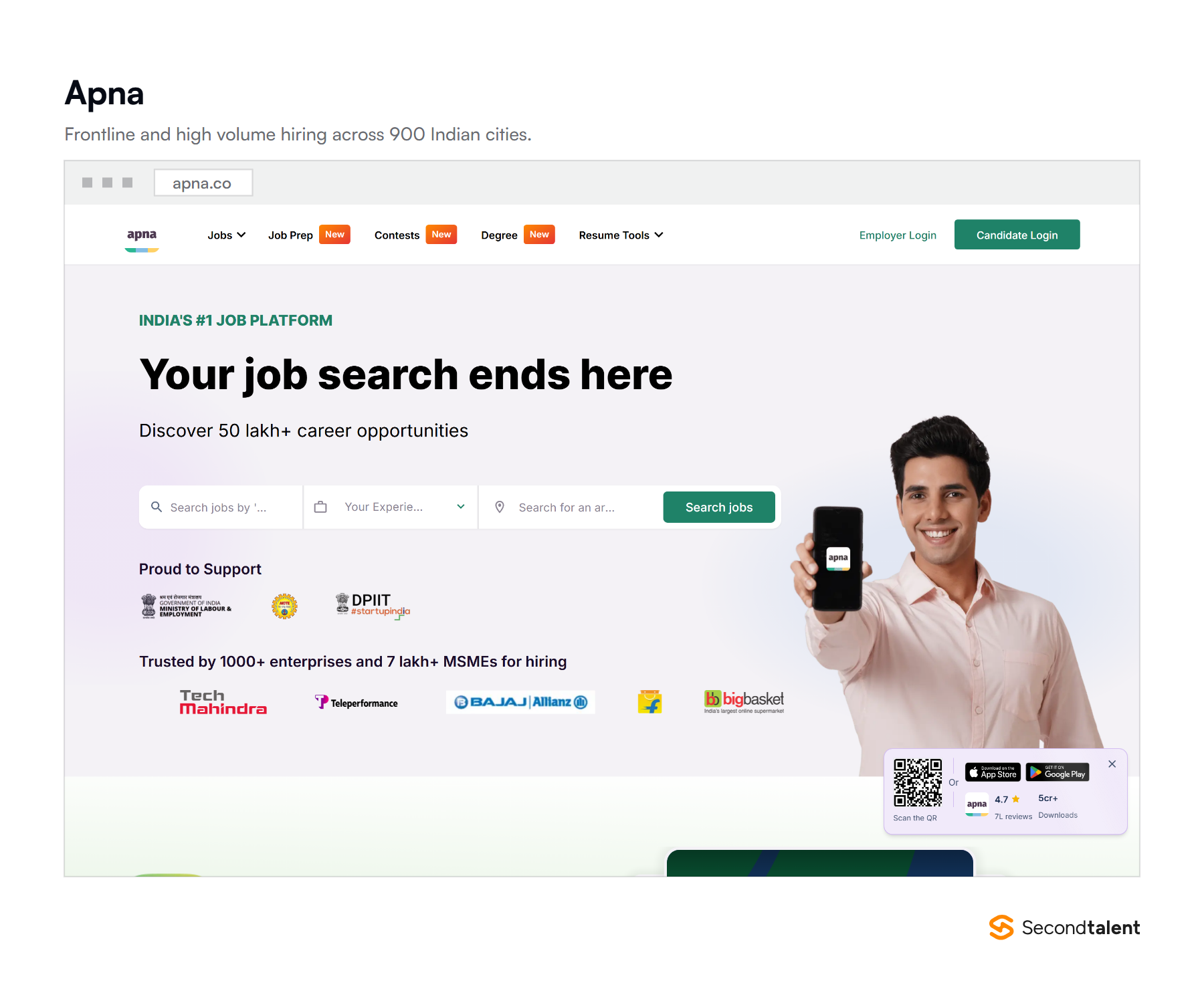 The Apna homepage, an Indian jobs platform for frontline and high volume hiring.