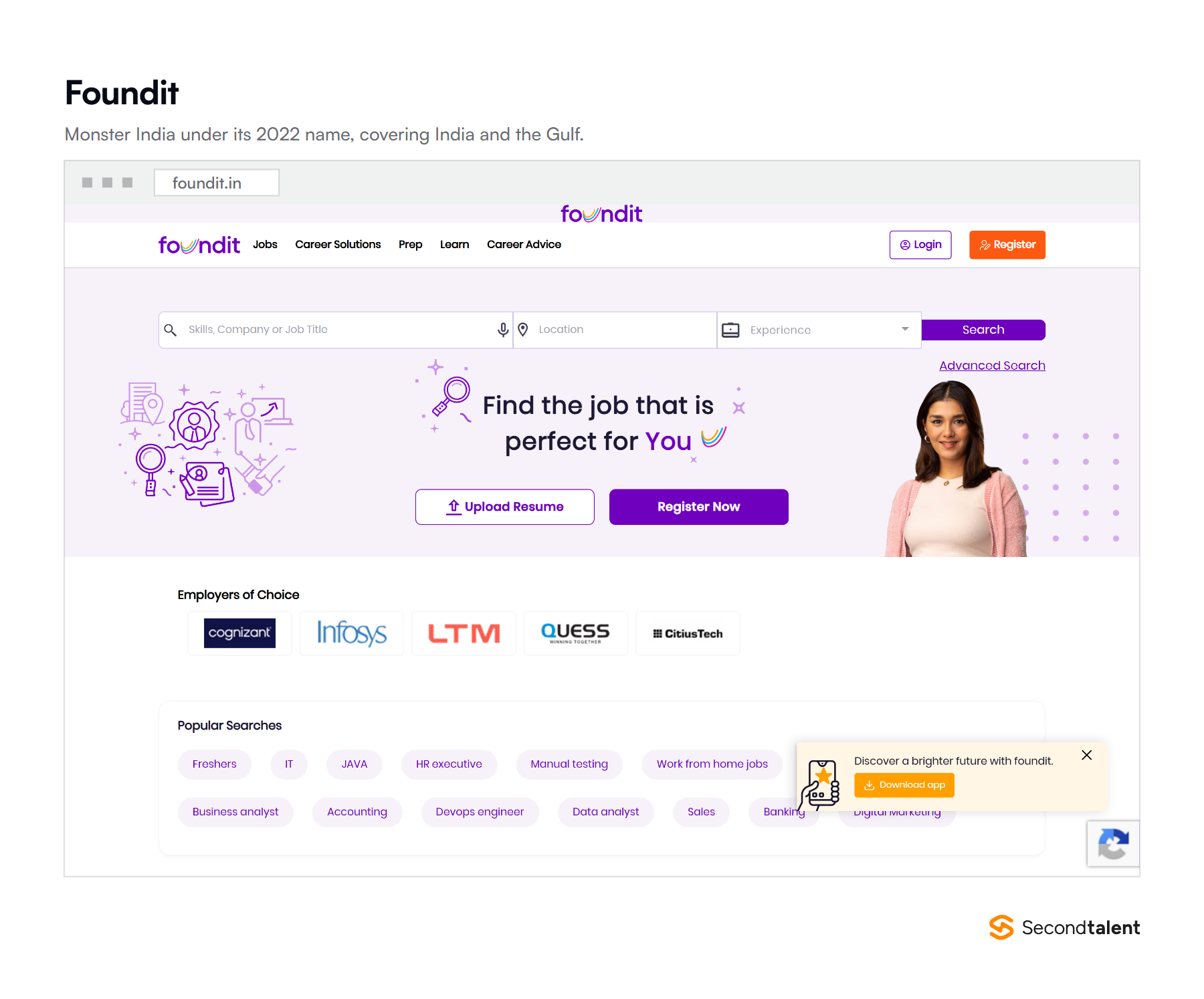 The Foundit homepage, formerly Monster India, showing job search and career services.