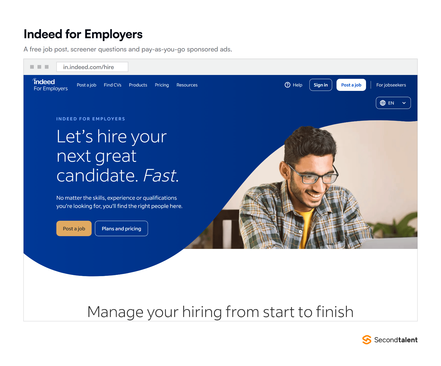 The Indeed for Employers page in India, showing the free job post flow and dashboard features.