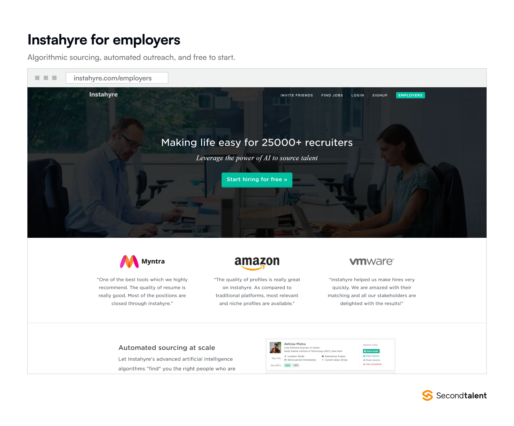 The Instahyre employers page, showing AI sourcing, candidate engagement and employer branding features.