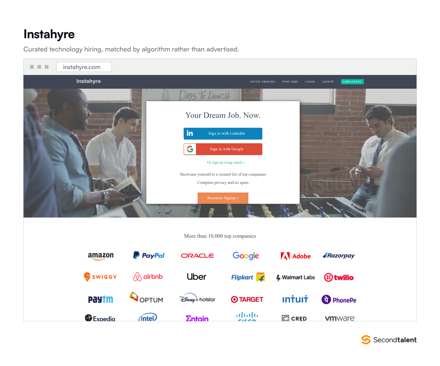 The Instahyre homepage, a curated Indian hiring platform for technology roles.