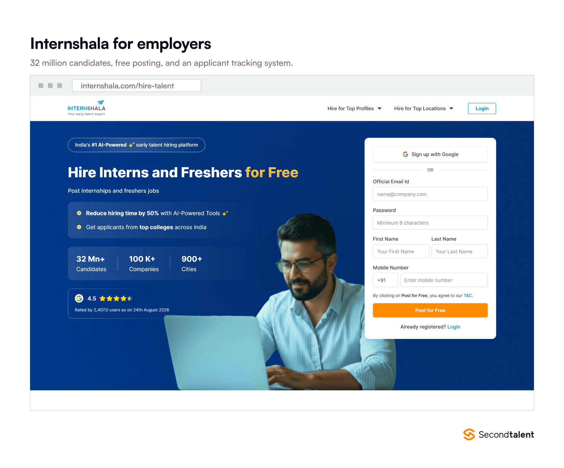 The Internshala hiring page, reporting 32 million candidates, 100,000 companies and free posting for freshers.