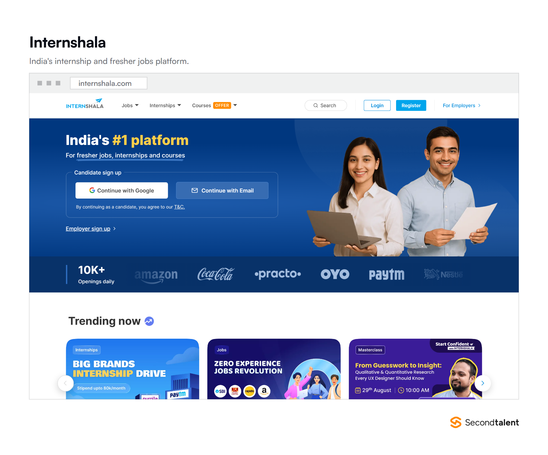 The Internshala homepage, an Indian internship and fresher jobs platform.