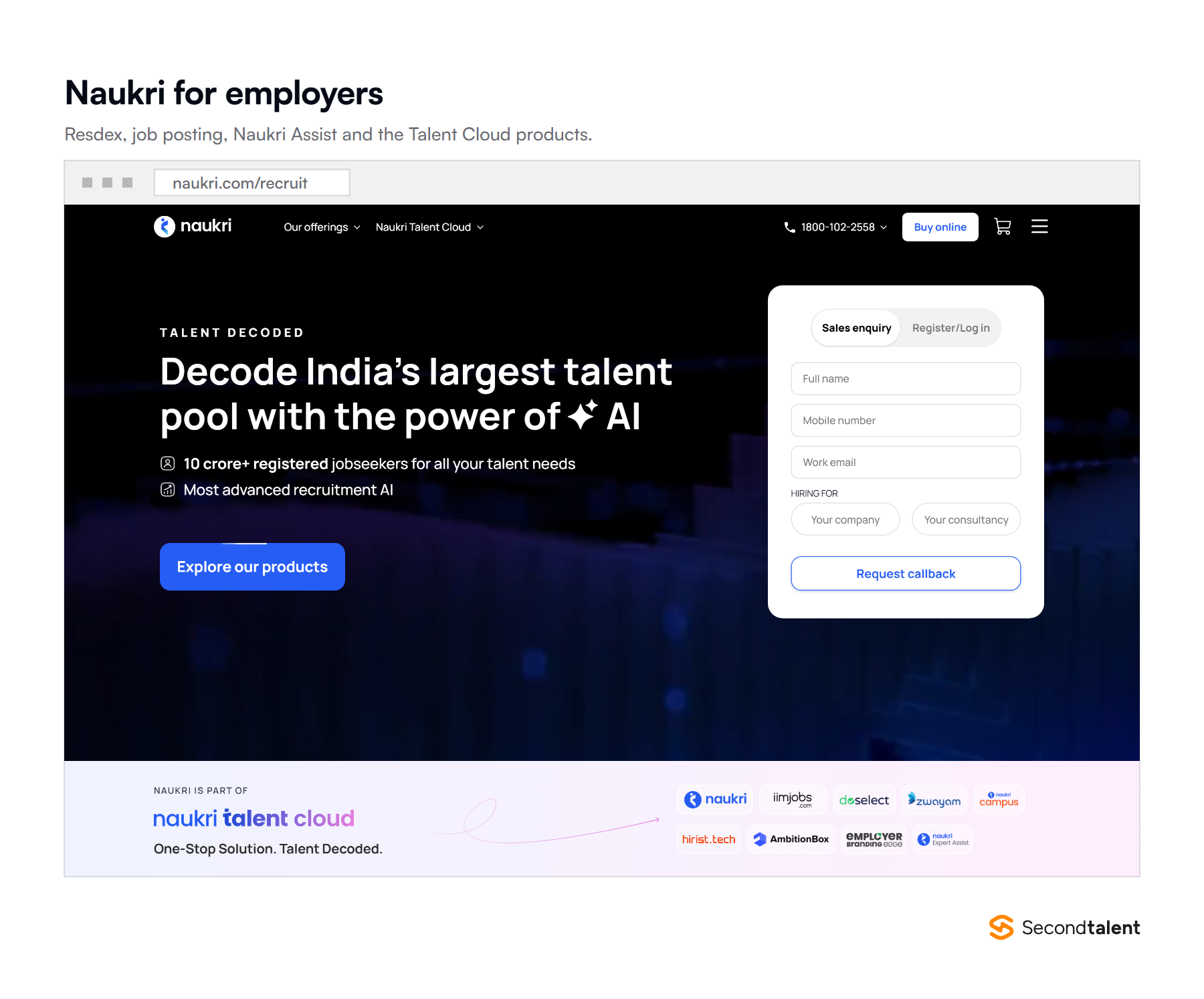 The Naukri employer site, showing Resdex, job posting, Naukri Assist and the Talent Cloud products.