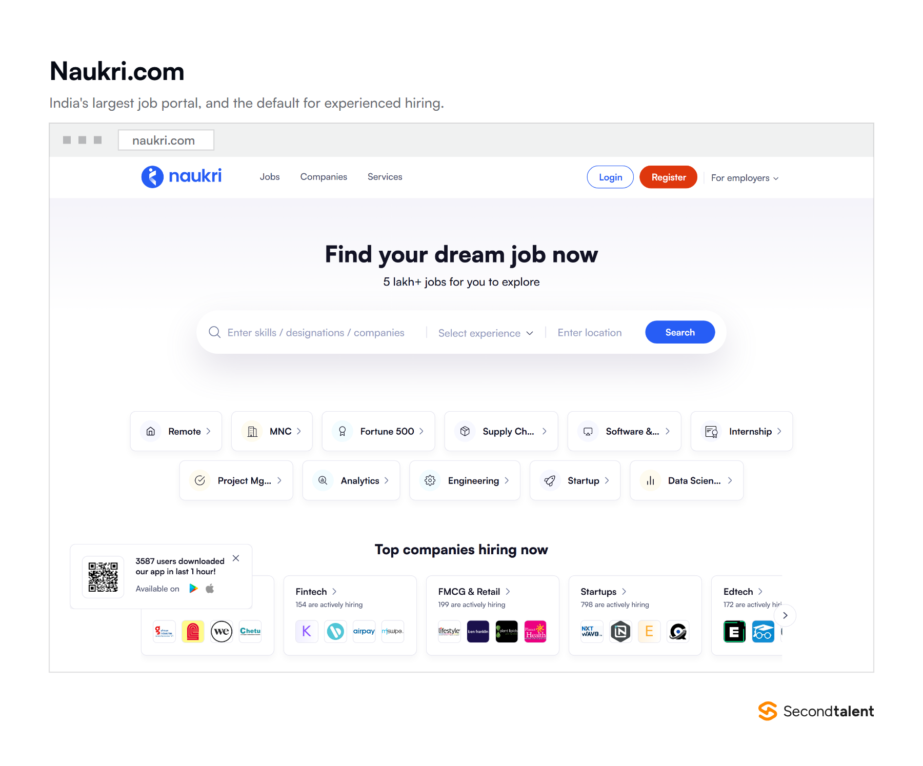 The Naukri.com homepage, India's largest job portal.