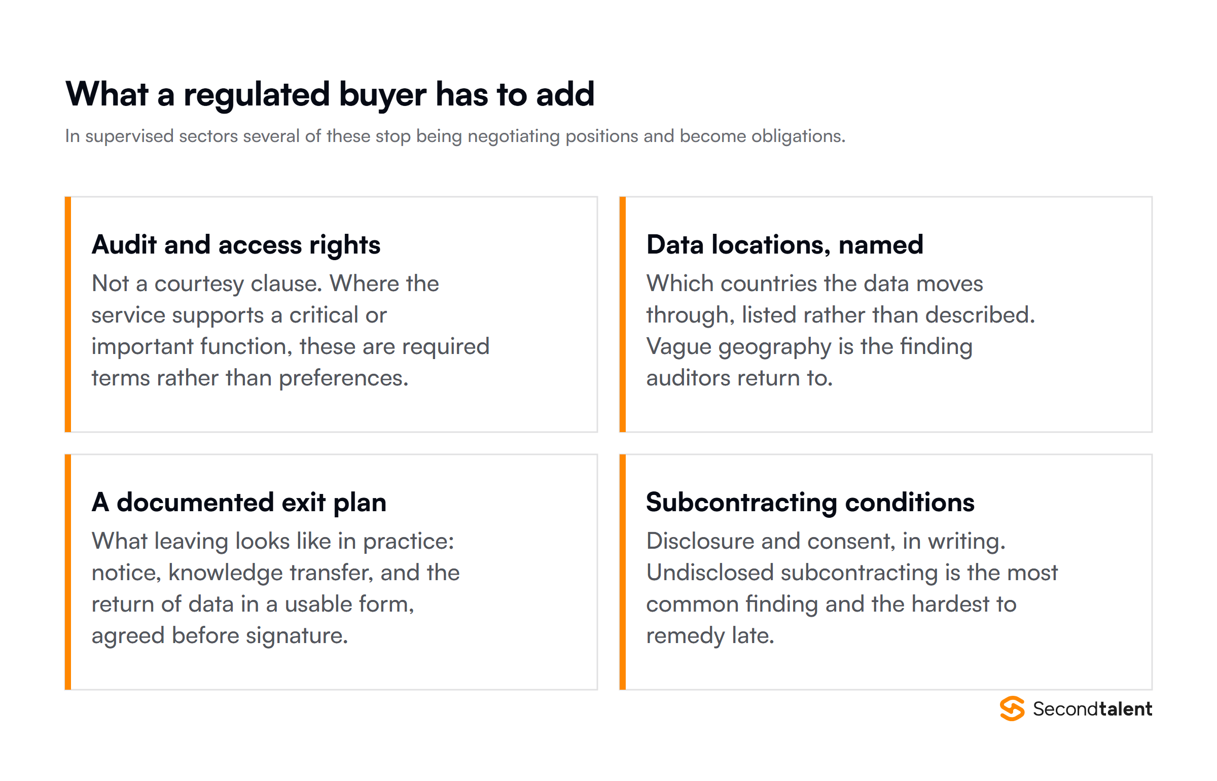 What a regulated buyer has to add to an MSA: audit and access rights, named data locations, a documented exit plan and subcontracting conditions