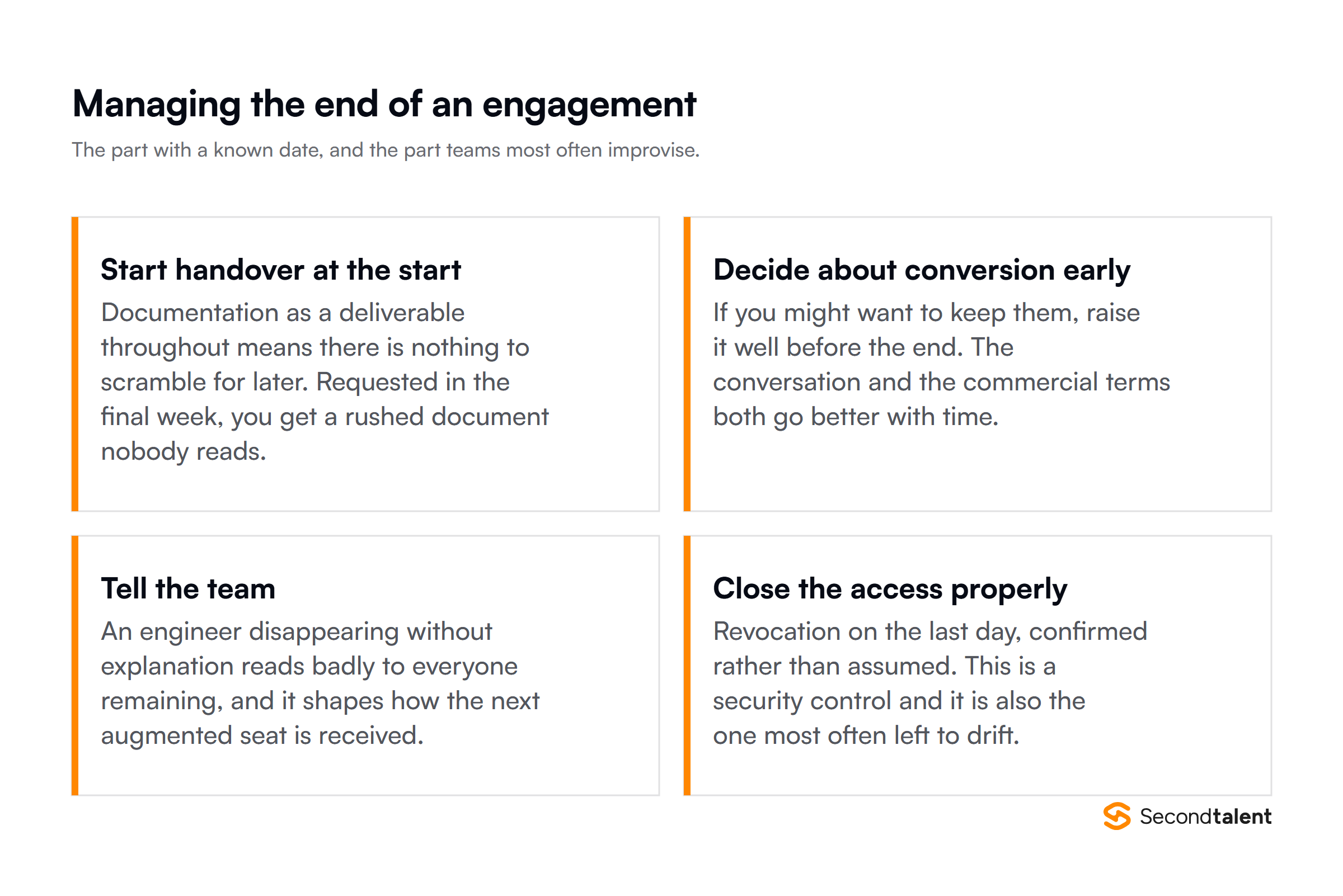 How to manage the end of an engagement: start handover early, decide about conversion, tell the team, close access properly