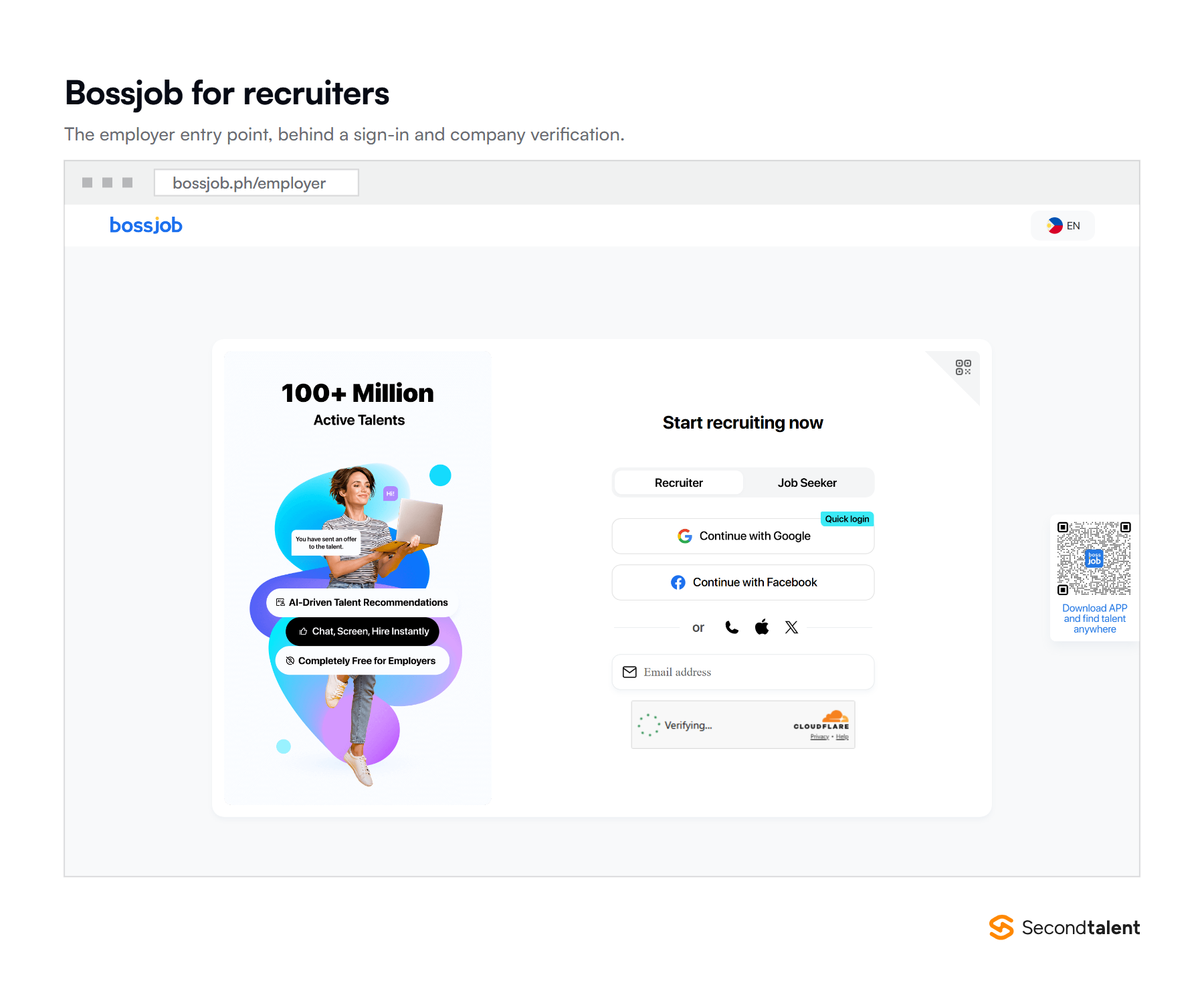 The Bossjob employer sign-in screen for recruiters.