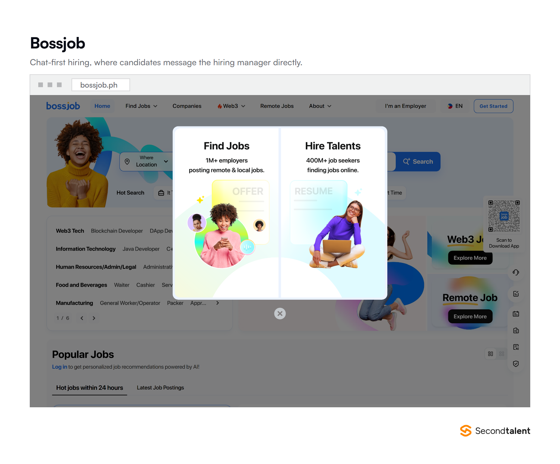 The Bossjob Philippines homepage, a chat-first job platform.