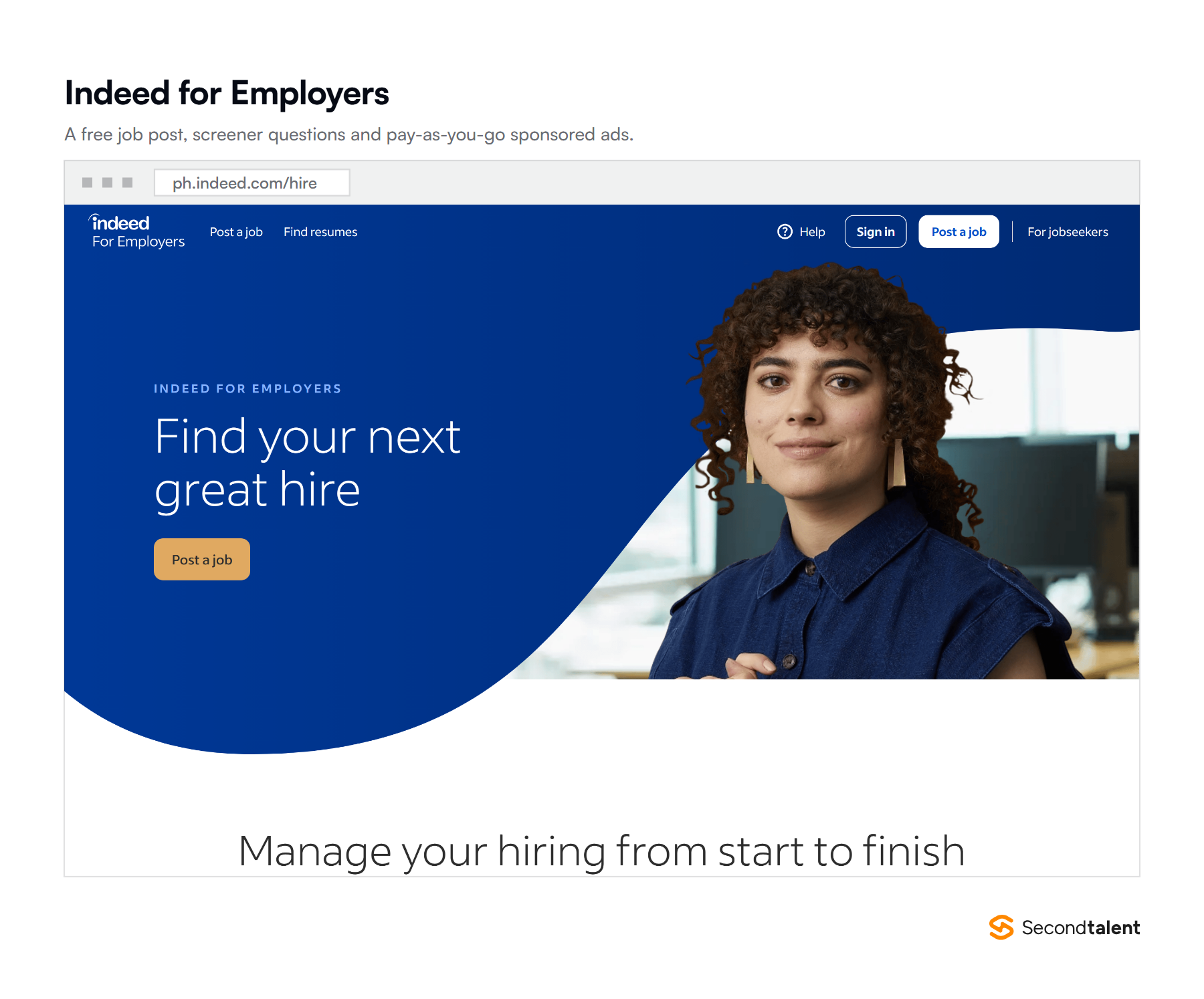 The Indeed for Employers page in the Philippines, showing the free job post flow and dashboard features.