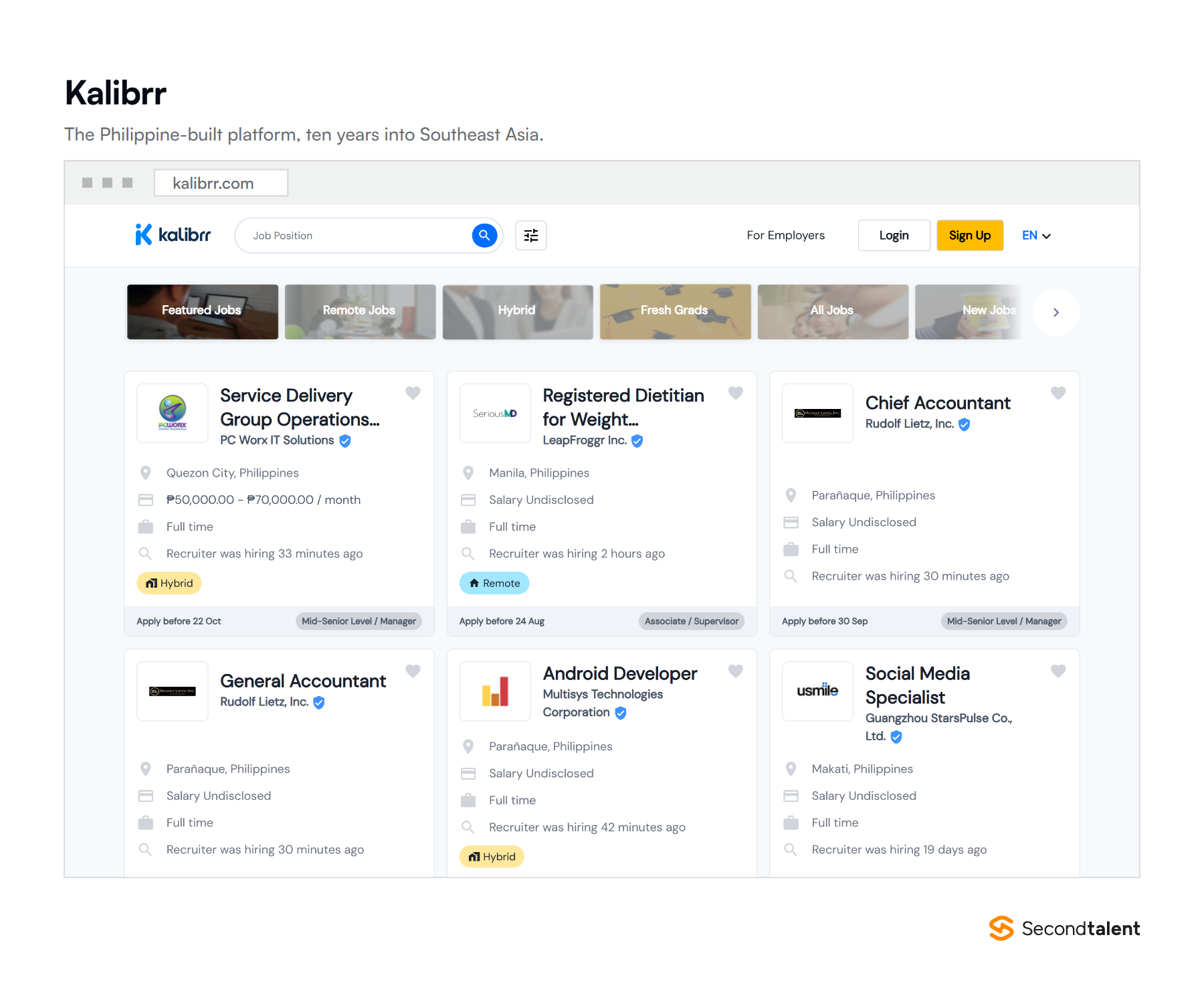 The Kalibrr homepage, a Philippine job search platform.