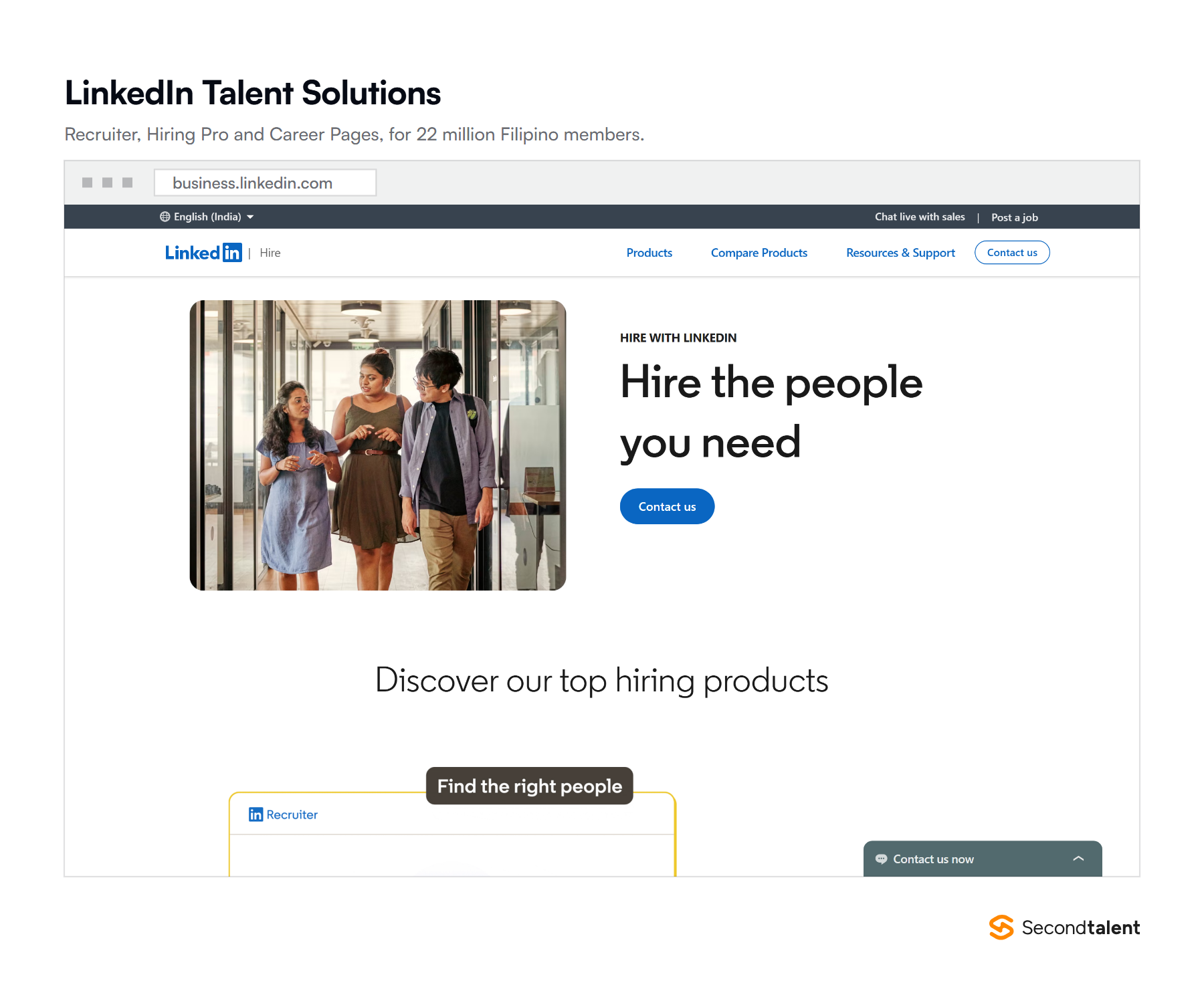 The LinkedIn Talent Solutions homepage showing Recruiter, Hiring Pro and Career Pages.