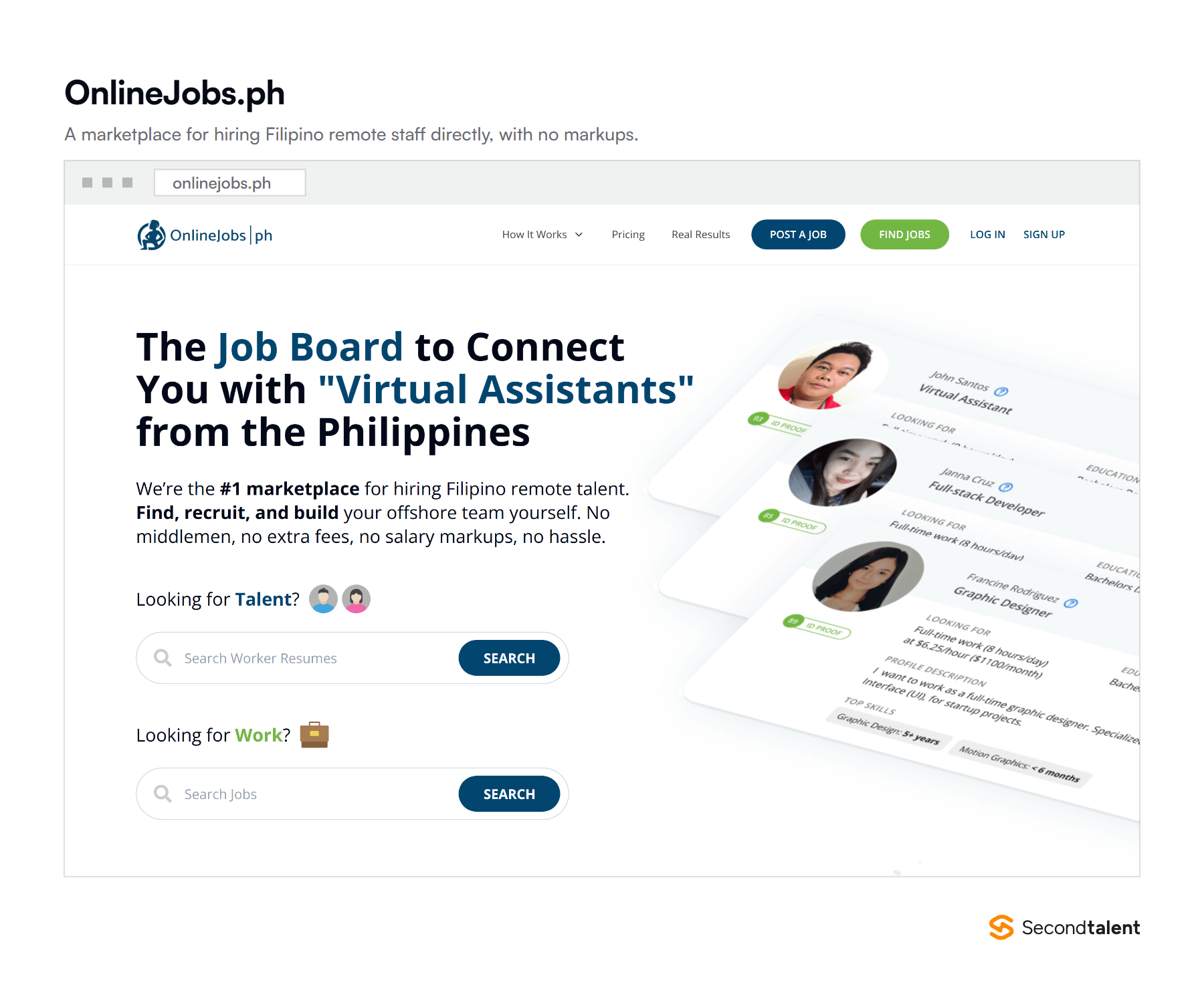 The OnlineJobs.ph homepage, a marketplace for hiring Filipino remote staff directly.