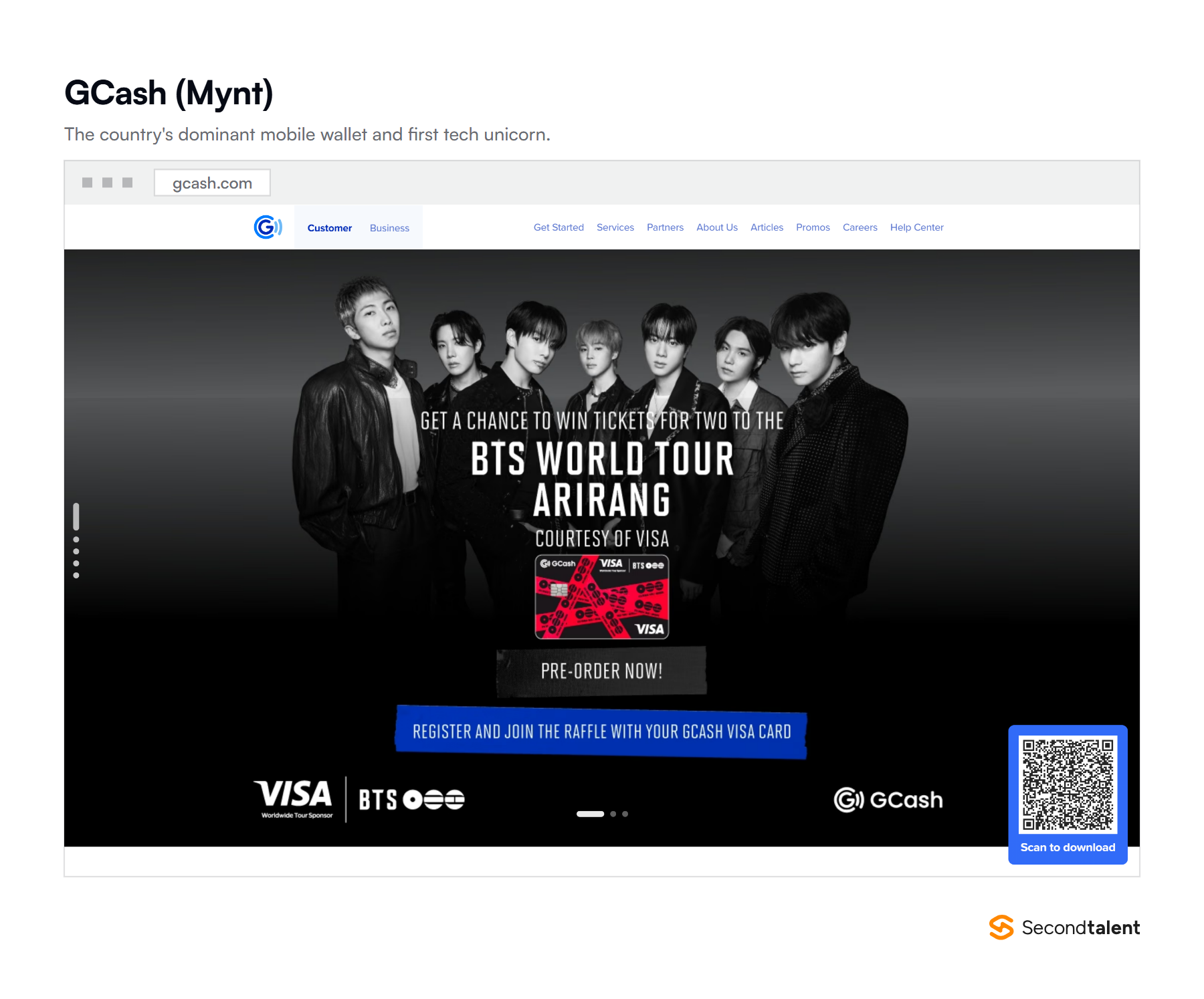 The GCash homepage, the dominant mobile wallet in the Philippines.