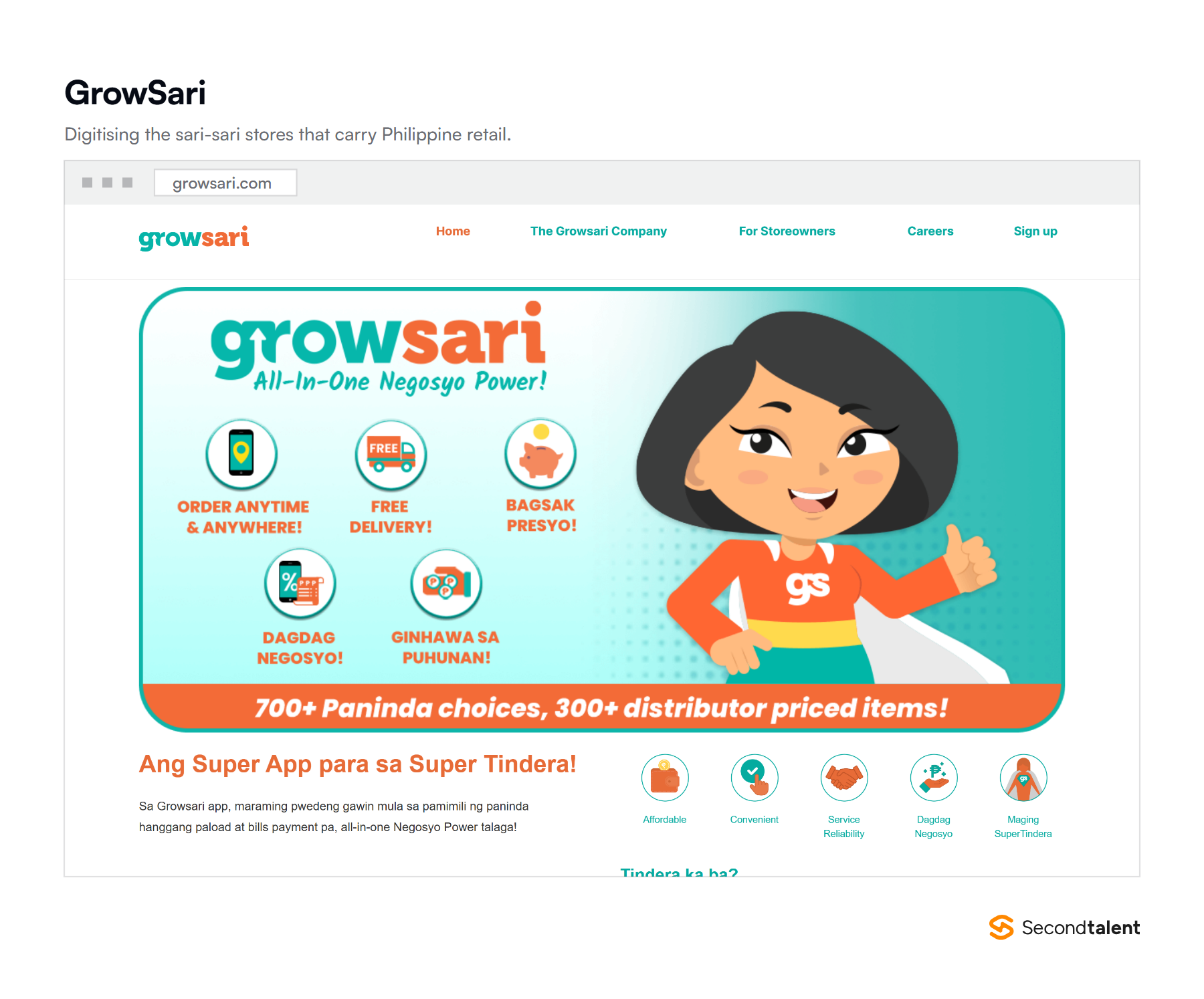 The GrowSari homepage, a B2B platform digitising sari-sari stores.