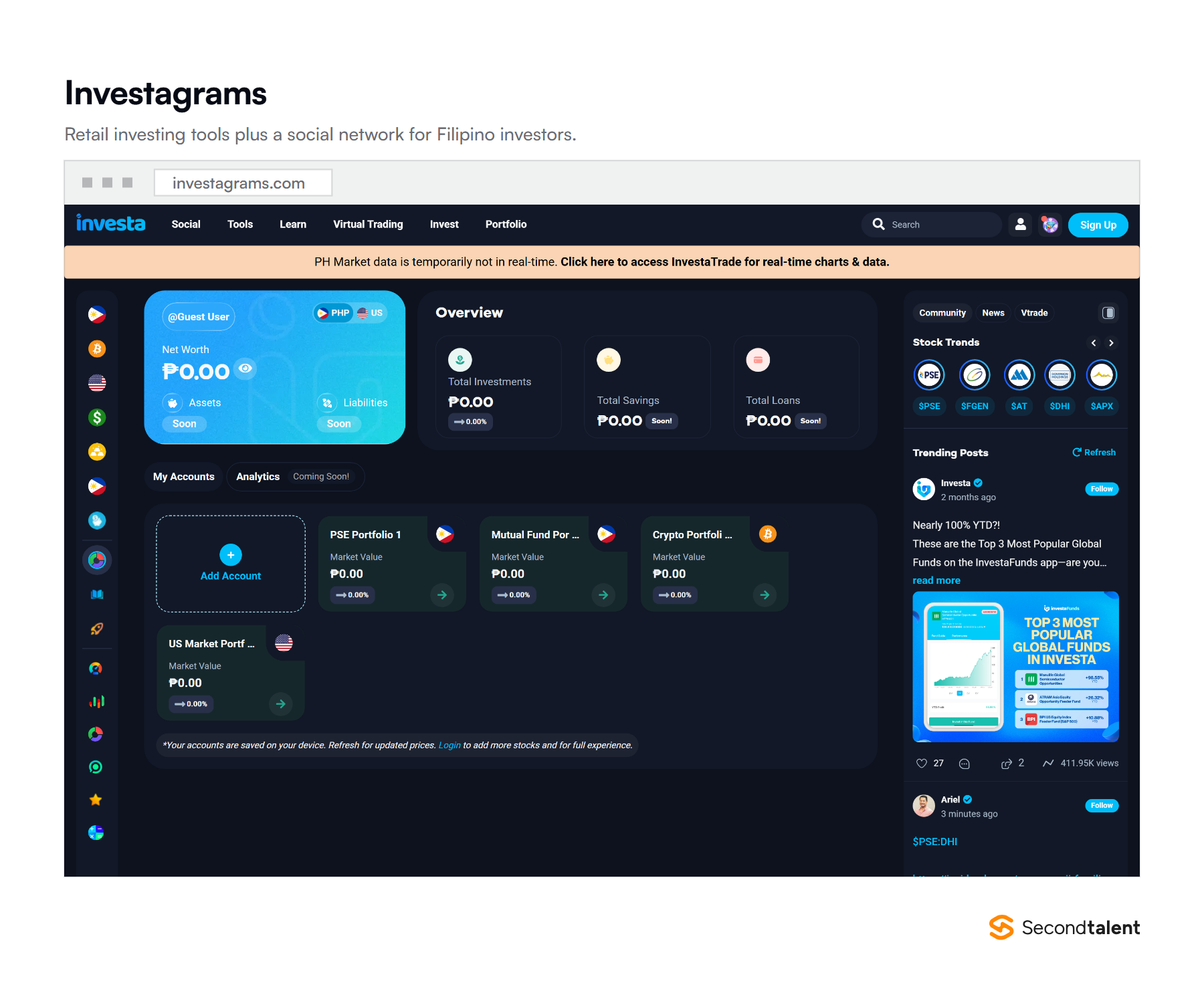 The Investagrams homepage, retail investing tools and a social network for Filipino investors.