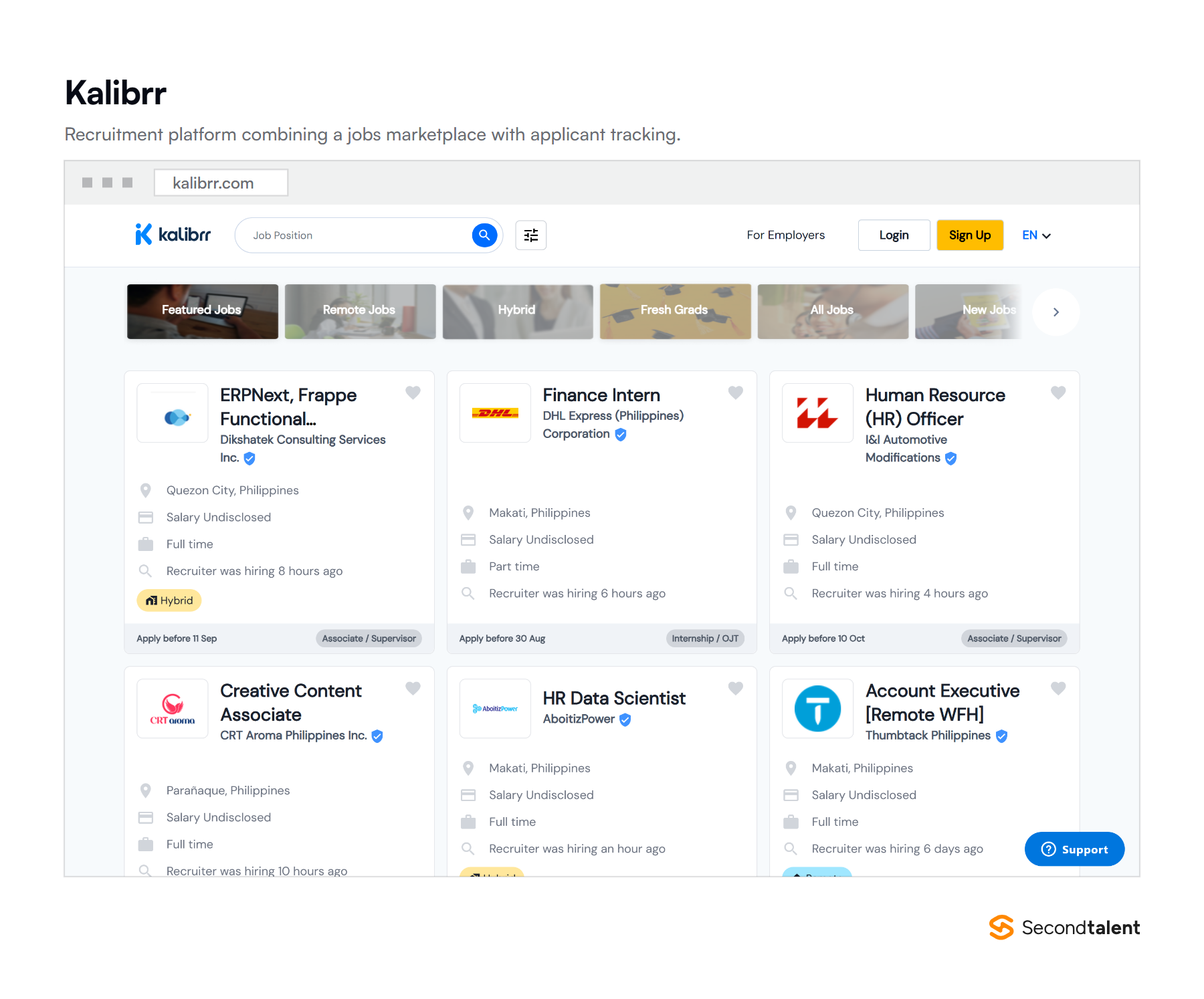 The Kalibrr homepage, a Philippine recruitment platform.