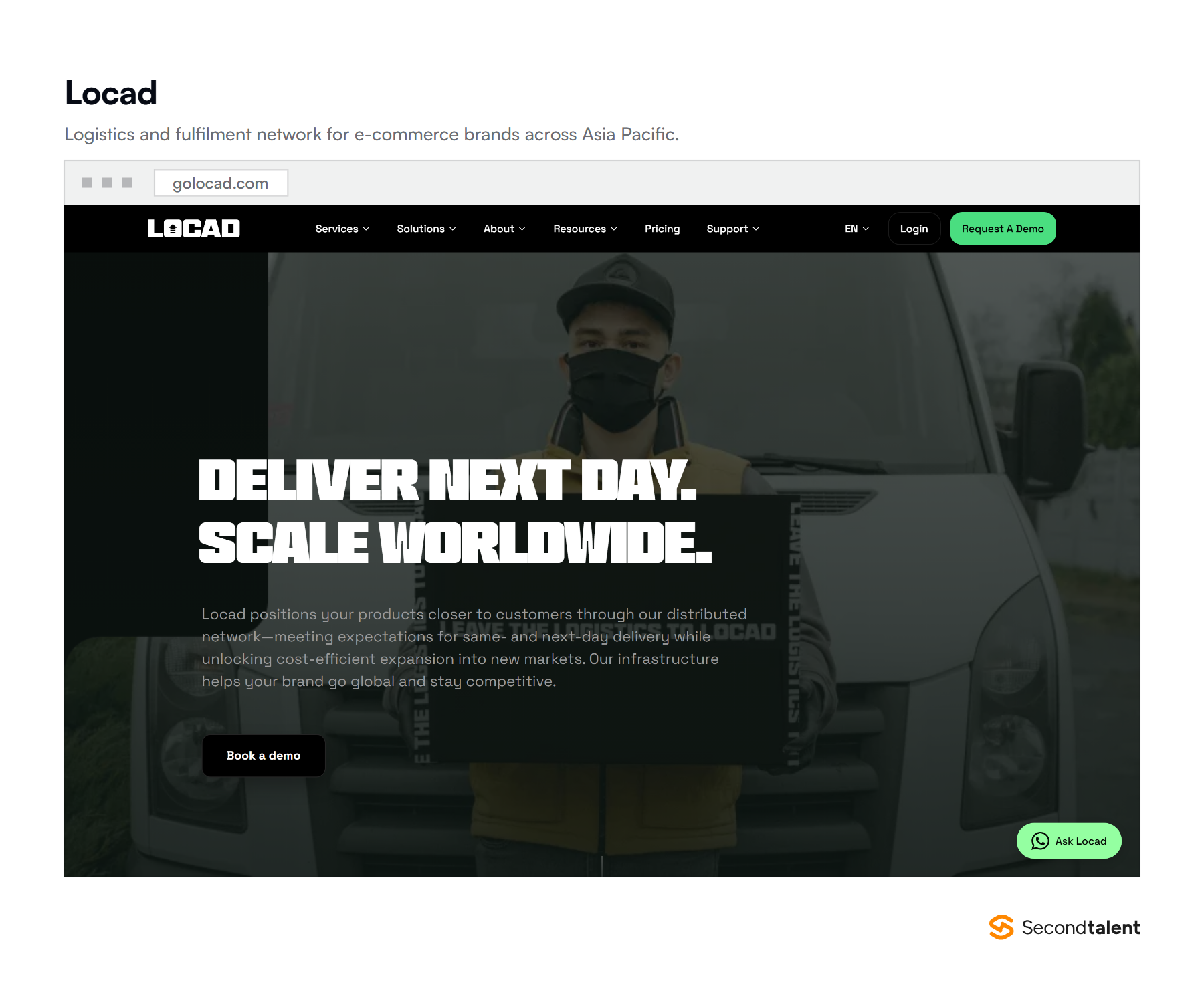 The Locad homepage, a logistics and fulfilment network for e-commerce brands.