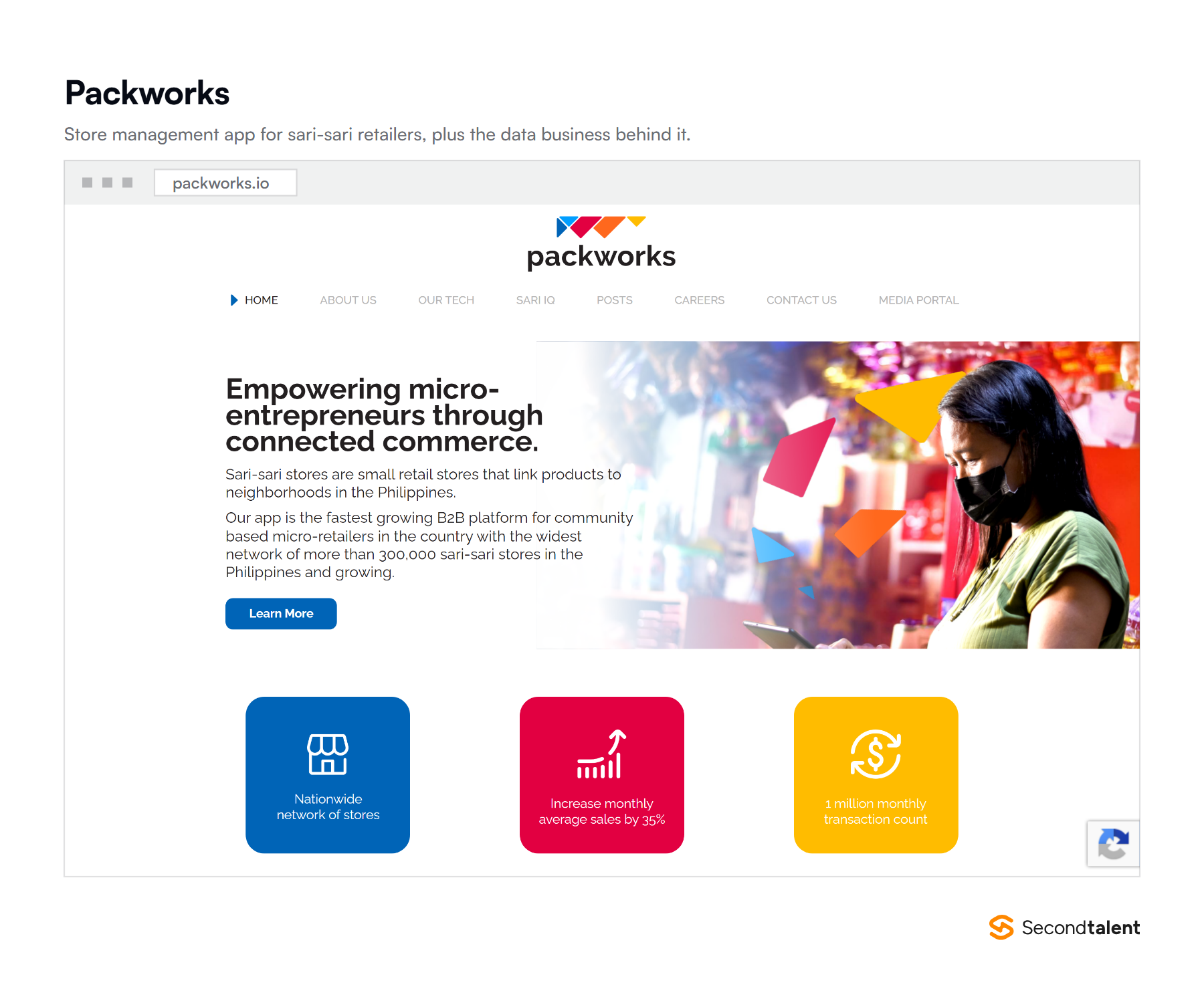 The Packworks homepage, a store management app for sari-sari retailers.