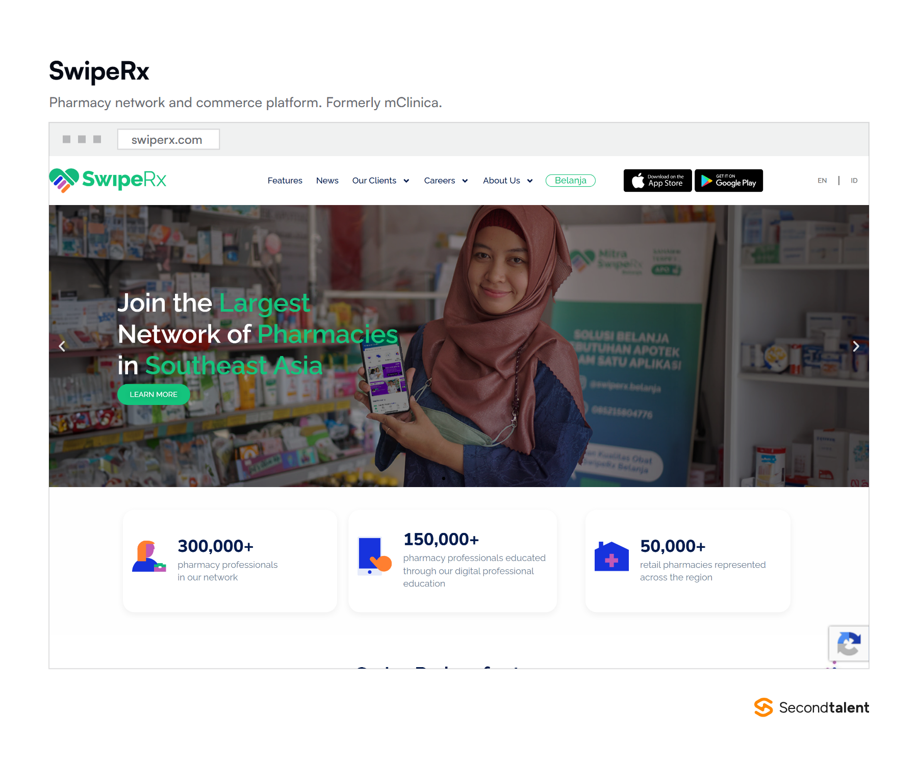 The SwipeRx homepage, a pharmacy network and commerce platform formerly known as mClinica.