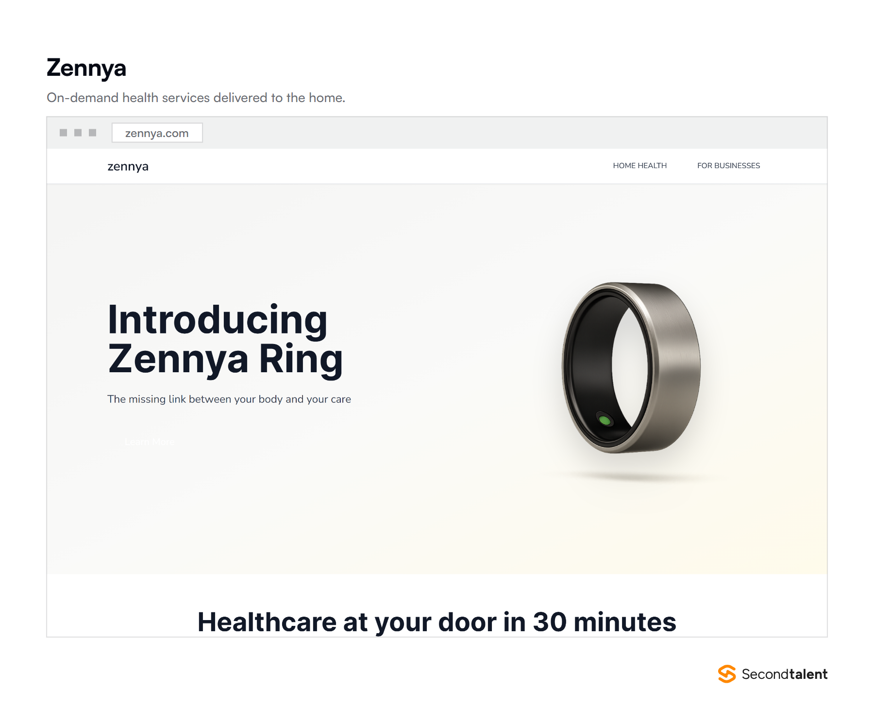 The Zennya homepage, on-demand health services delivered to the home.