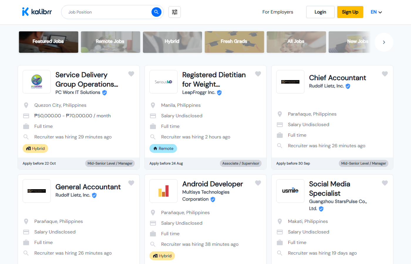 Kalibrr job listings for the Philippines, 2026